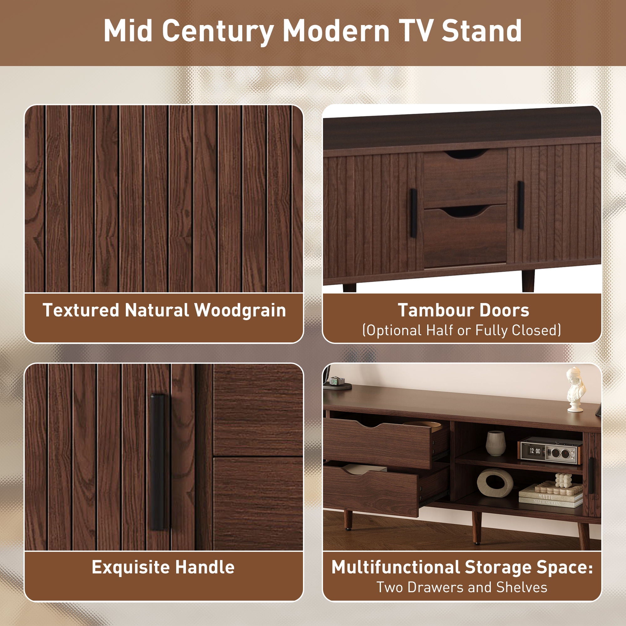 TV Stand For 70" TV, Console With Tambour Doors, Drawers And Built In Power Outlet - Dark Brown