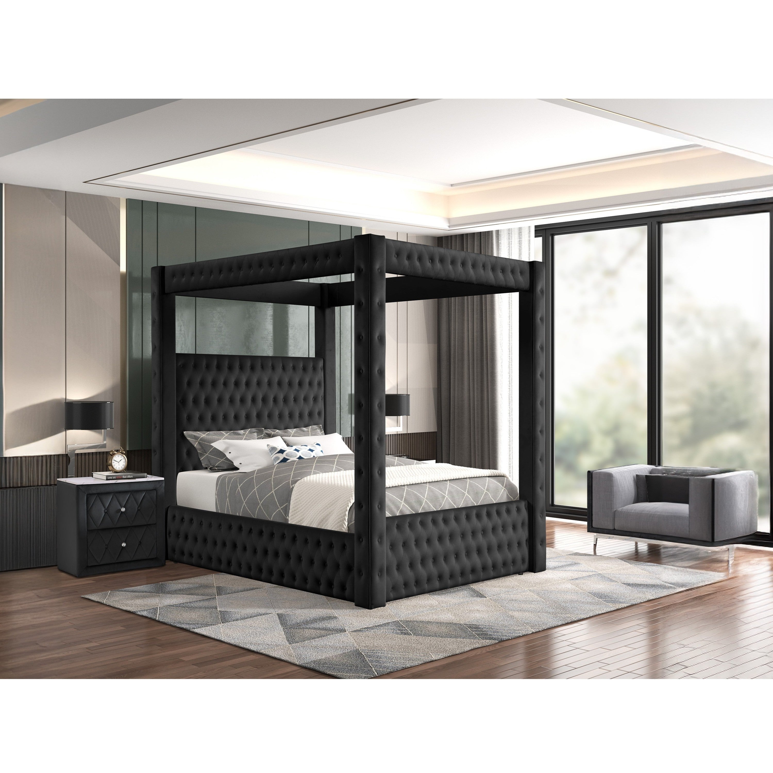 Modern Four-poster King Bed with Tufted Headboard and Footboard in Black Rich Velvet Fabric, Solid Wood Frame