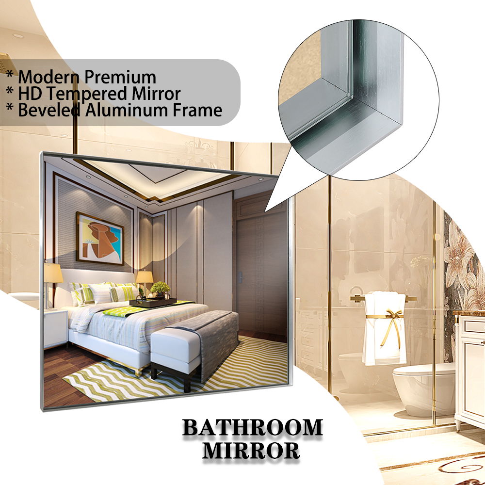 Glossy Framed Mirror For Bathroom Rectangular Wall Bathroom Mirror Metal Frame Farmhouse Mirror Large Decorative Square Corner Rectangle Mirror (Horizontal & Vertical) - Brushed Silver