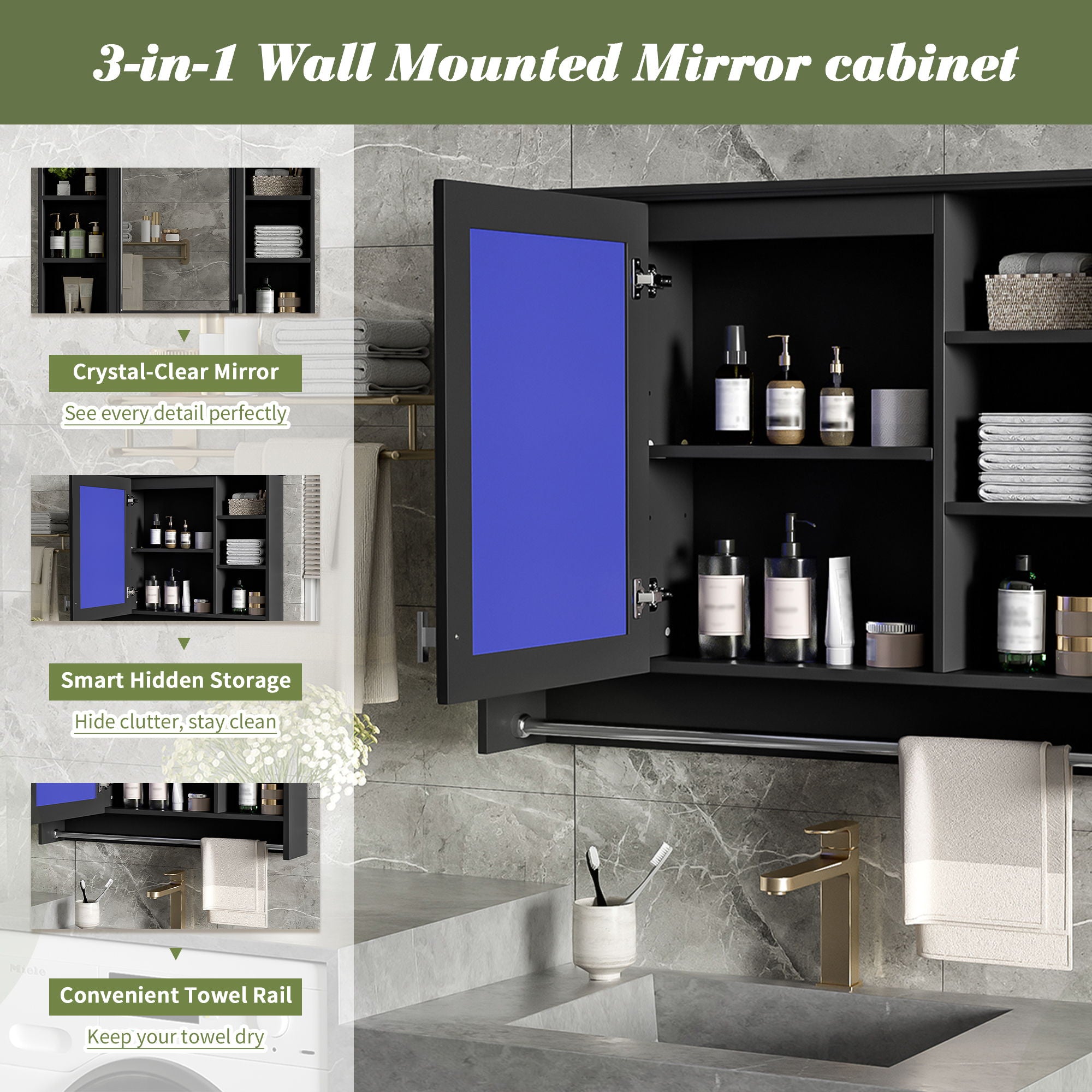 Modern Wall Mounted Mirror Cabinet With Adjustable Shelf, Soft Close Door, And Towel Bar