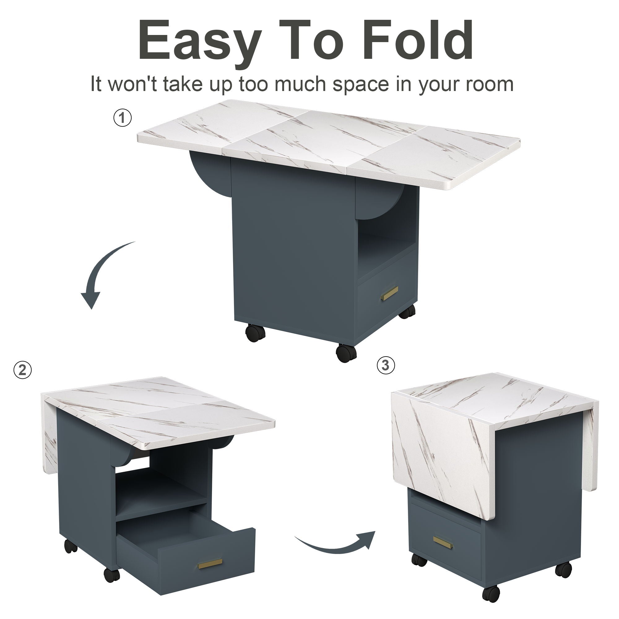 Versatile Wood Folding Dining Table With Wheels, Storage Rack & Drawer, Space Saving Design - White