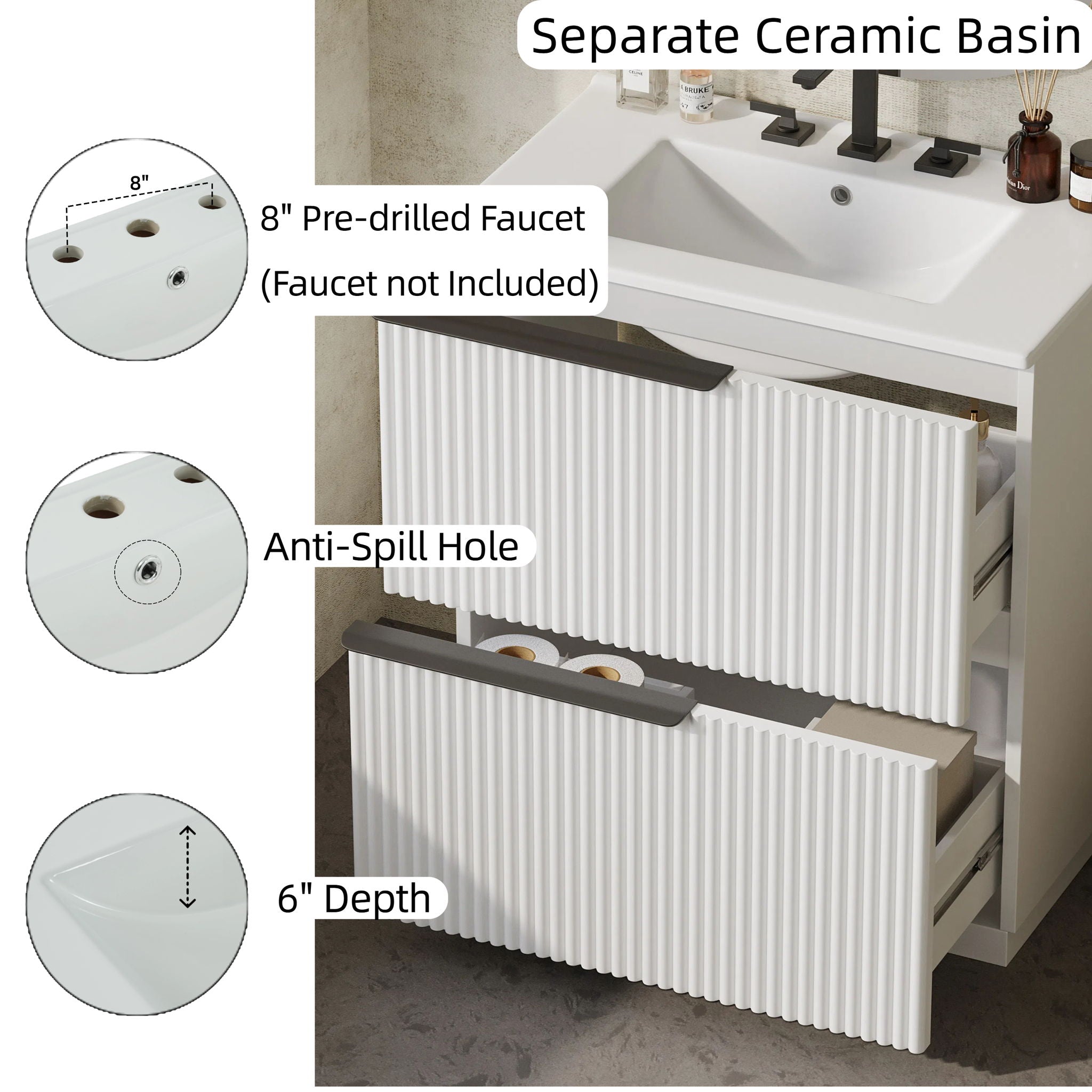 Fluted Bathroom Vanity With Ceramic Sink, Freestanding Cabinet
