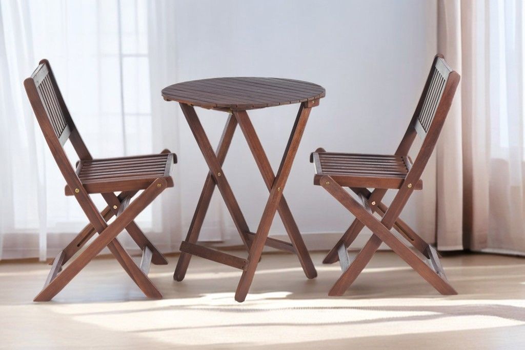 3 Piece Acacia Bistro Set, Folding Patio Furniture With 1 Coffee Table And 2 Foldable Chairs