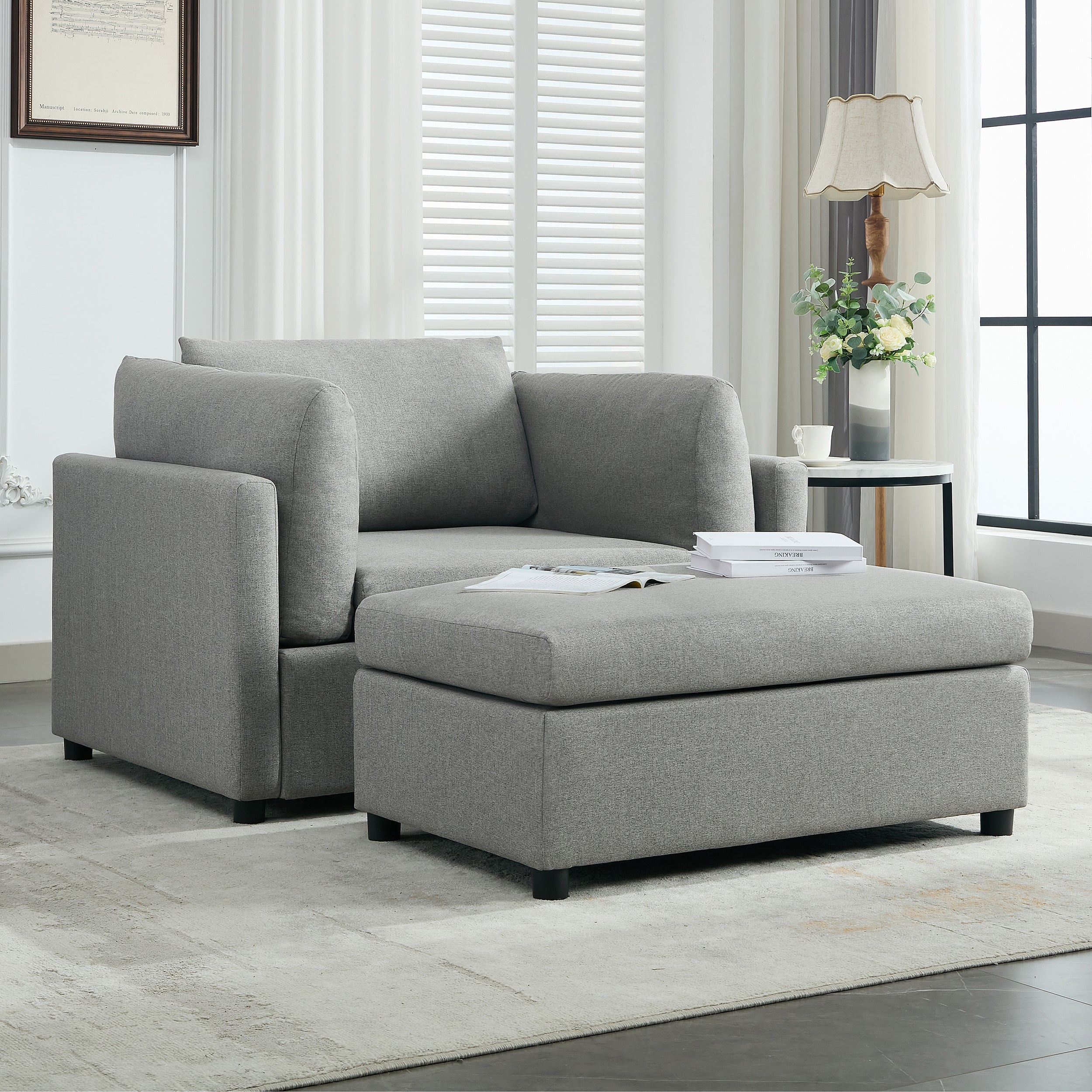 Modern Light Gray Modern Oversized Armchair with Ottoman Stool