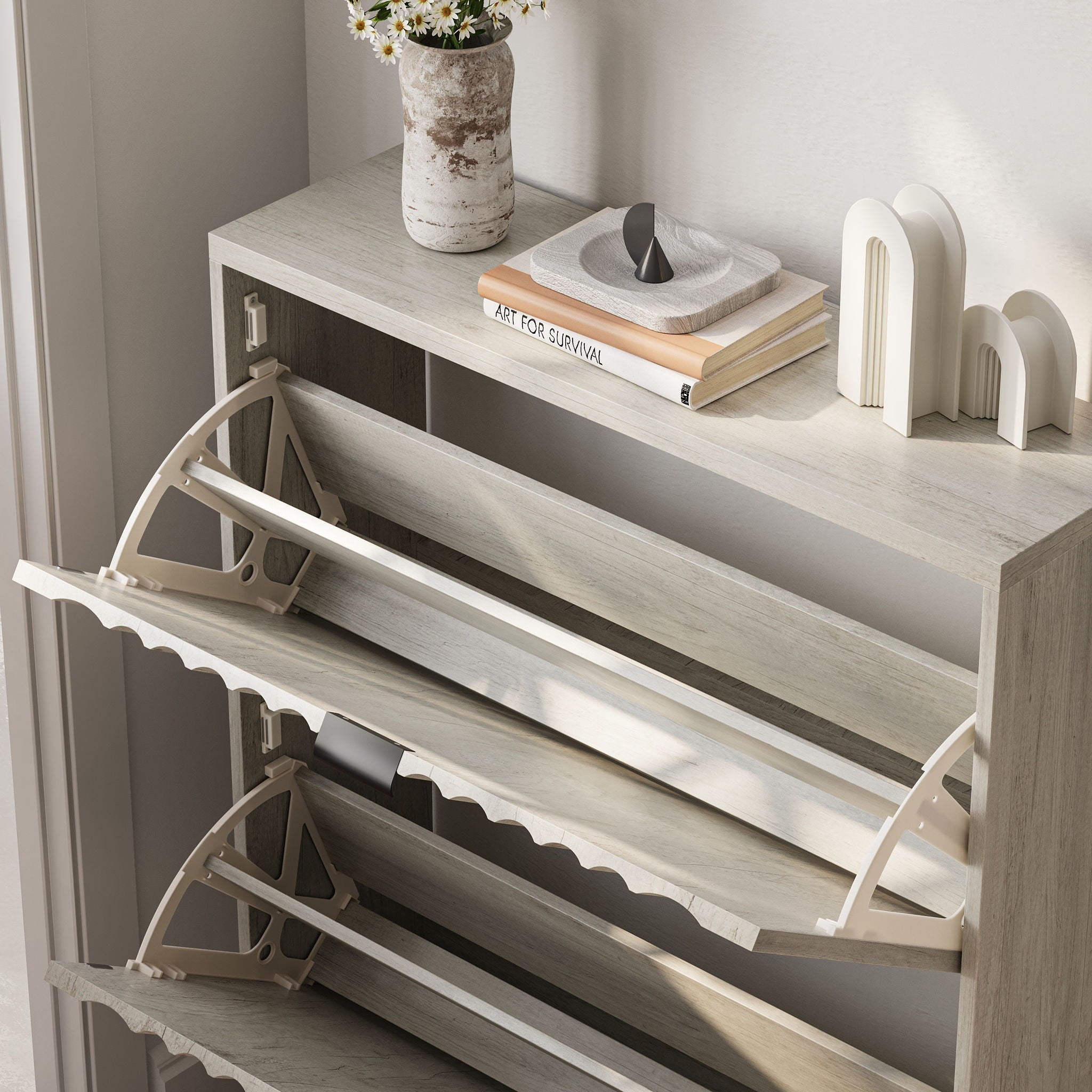 Shoe Cabinet With 2 Flip Drawers, Fluted Shoe Storage Cabinet For Entryway, Free Standing Shoe Storage Organizer With Wave Doors For Heels, Boots, Slippers In Hallway, Living Room - Gray