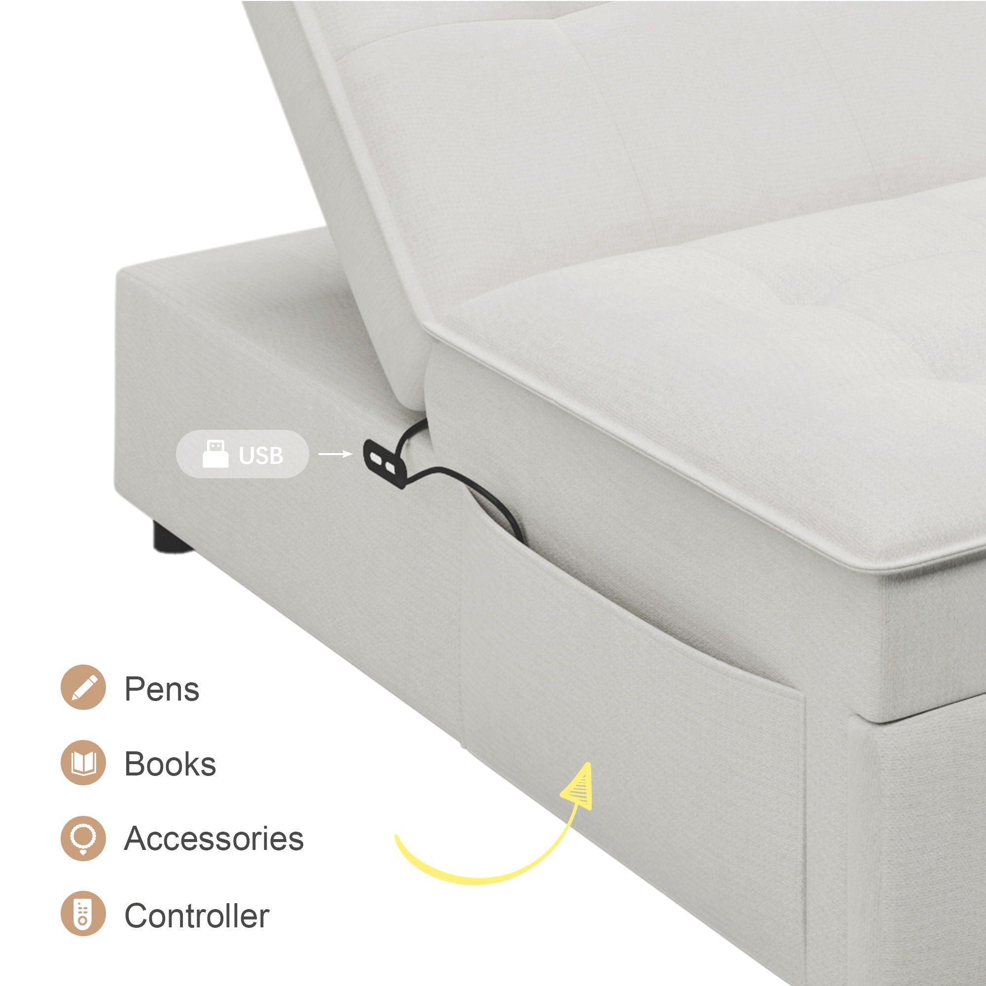 4 In 1 Sofa Bed, Multi Function Folding Ottoman Bed With Storage Pocket And USB Port For Small Room Apartment