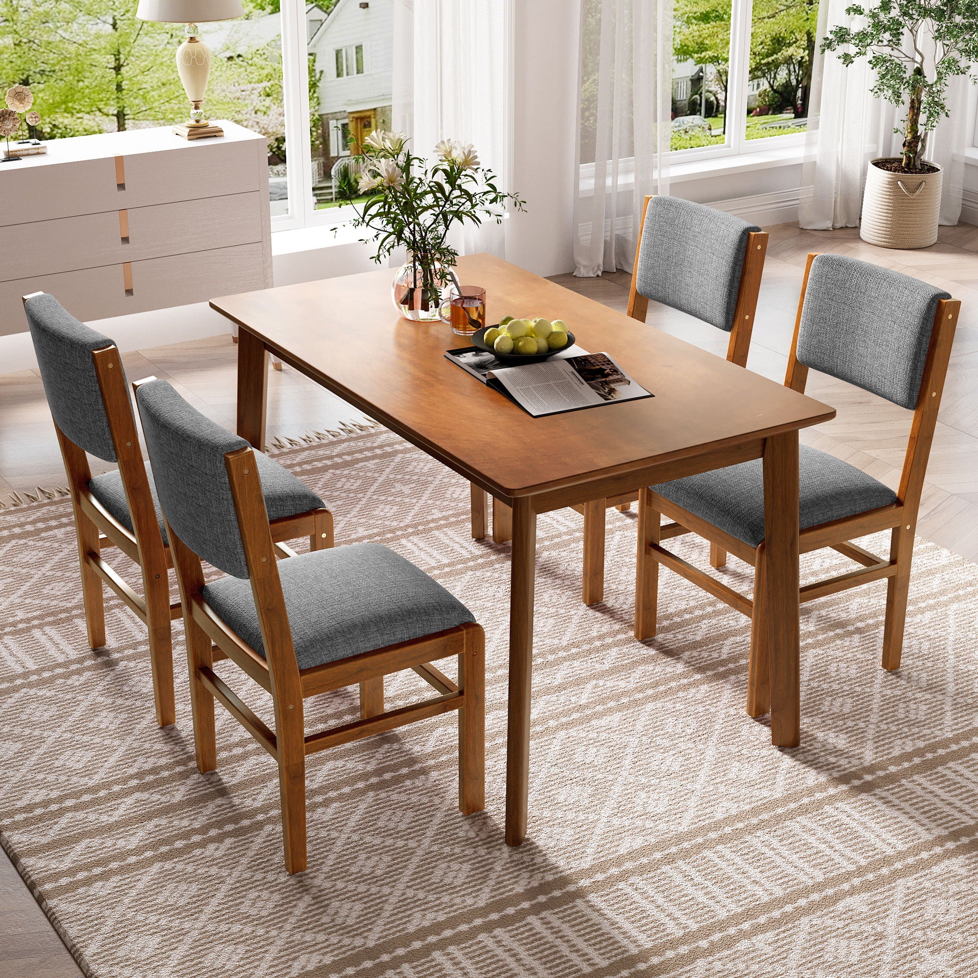Dining Chairs (Set of 4), Mid Century Modern Fabric Upholstered Kitchen Side Chairs, Farmhouse Dining Room Chair - Brown / Gray