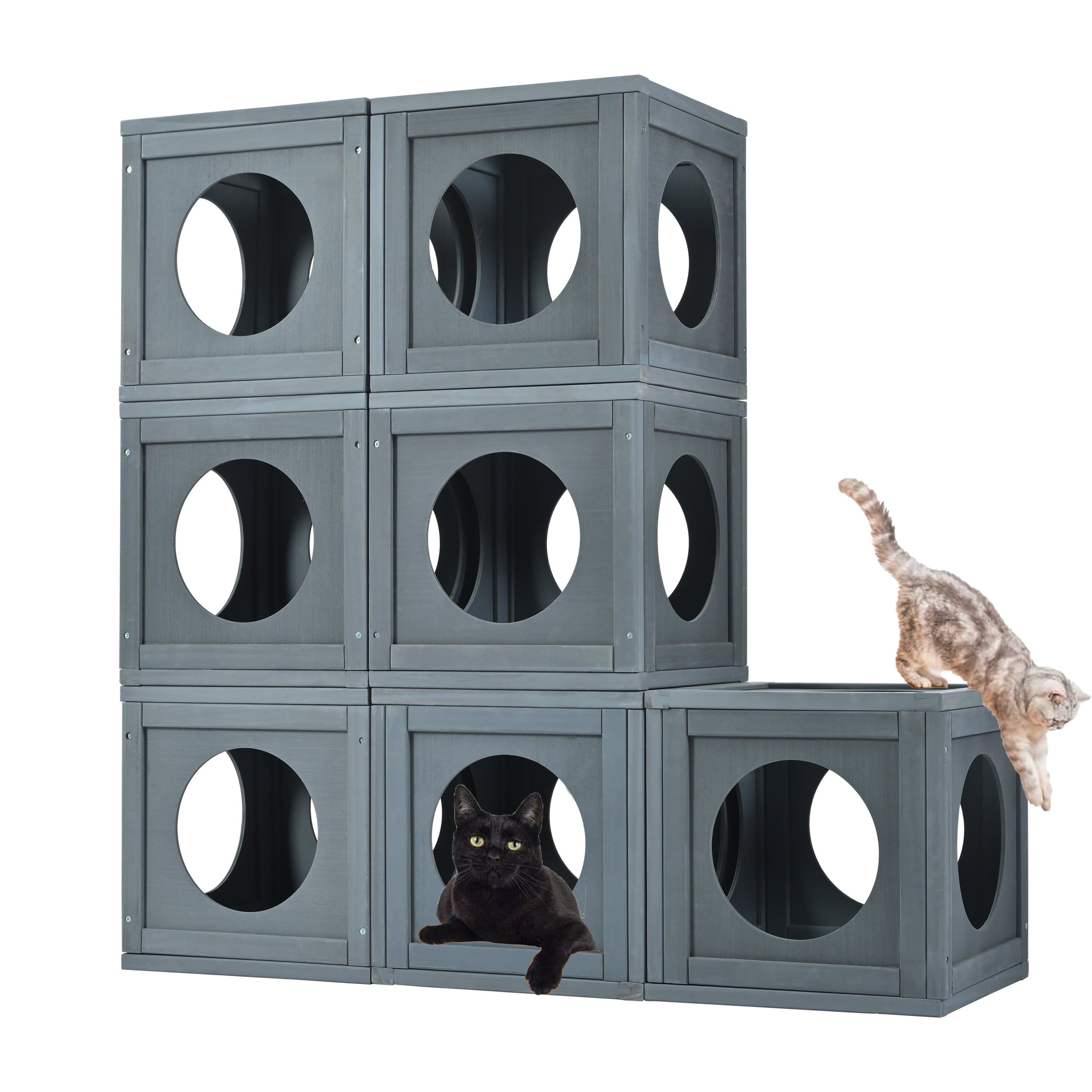 Grey Pine Wood Outdoor Cat House with Shelves and Weather Protection