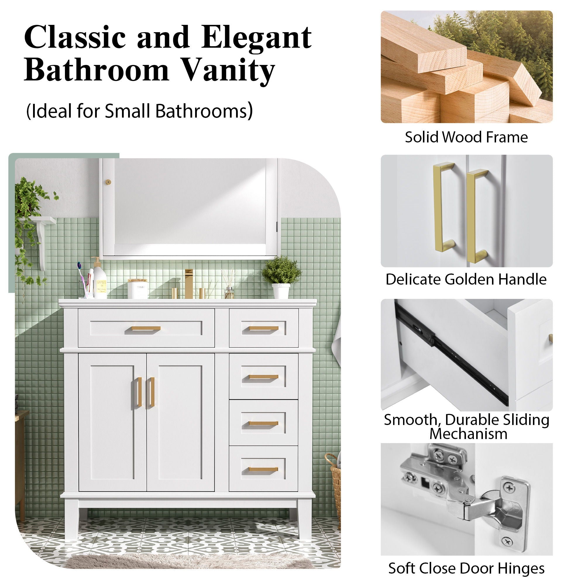 Bathroom Vanity With Sink, Soft Close Doors, And Storage Drawers, 36" - White
