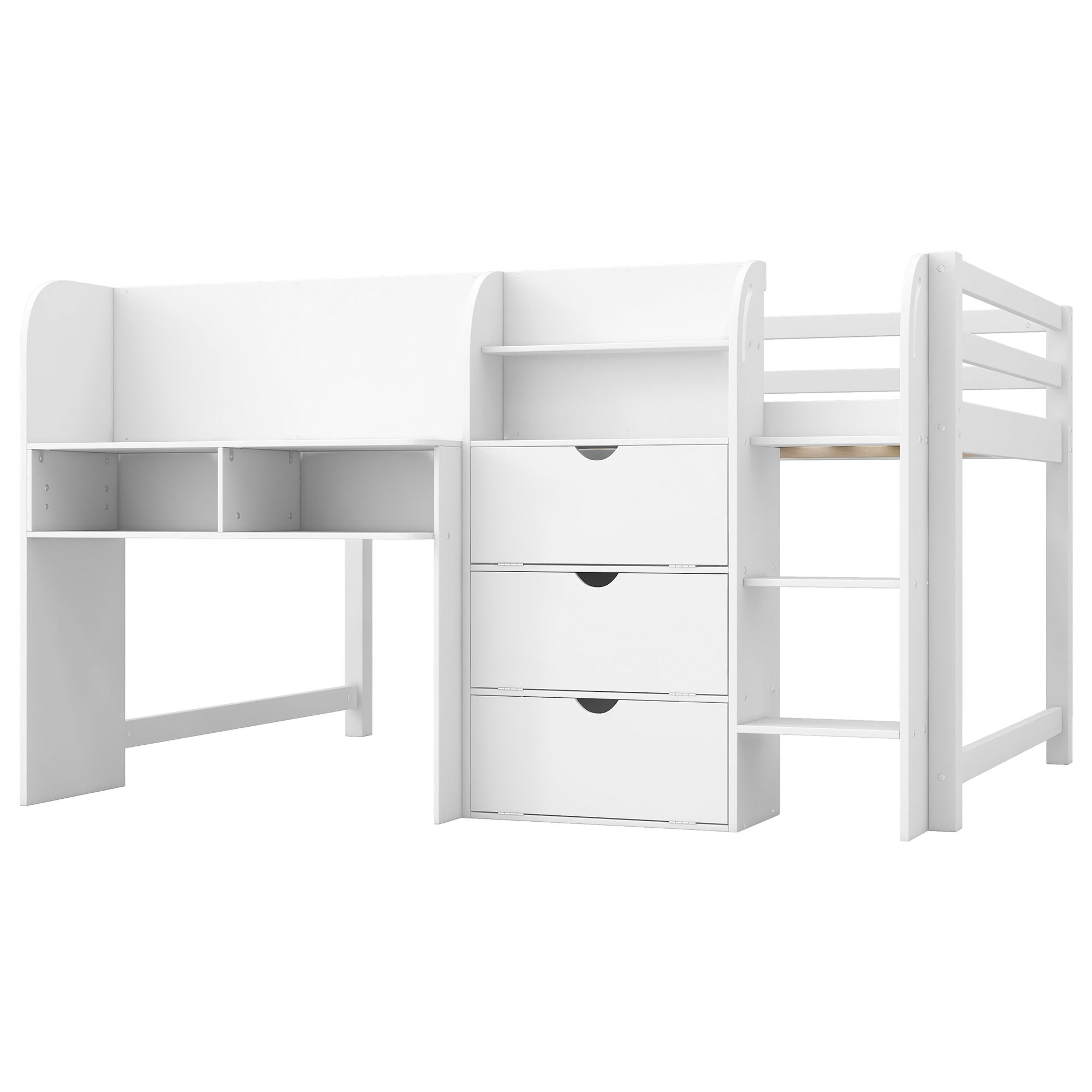 Low Loft Bed With Built In Desk, Storage Cabinets, Open Bookcase And Doodle Blackboard