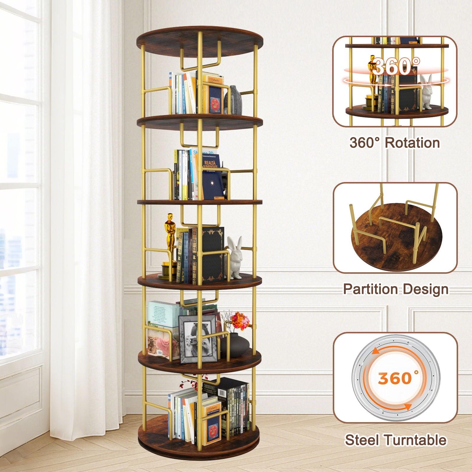5 Tier 360 Rotating Bookshelf, Display Round Floor Standing Swivel Bookcase For Bedroom - Golden