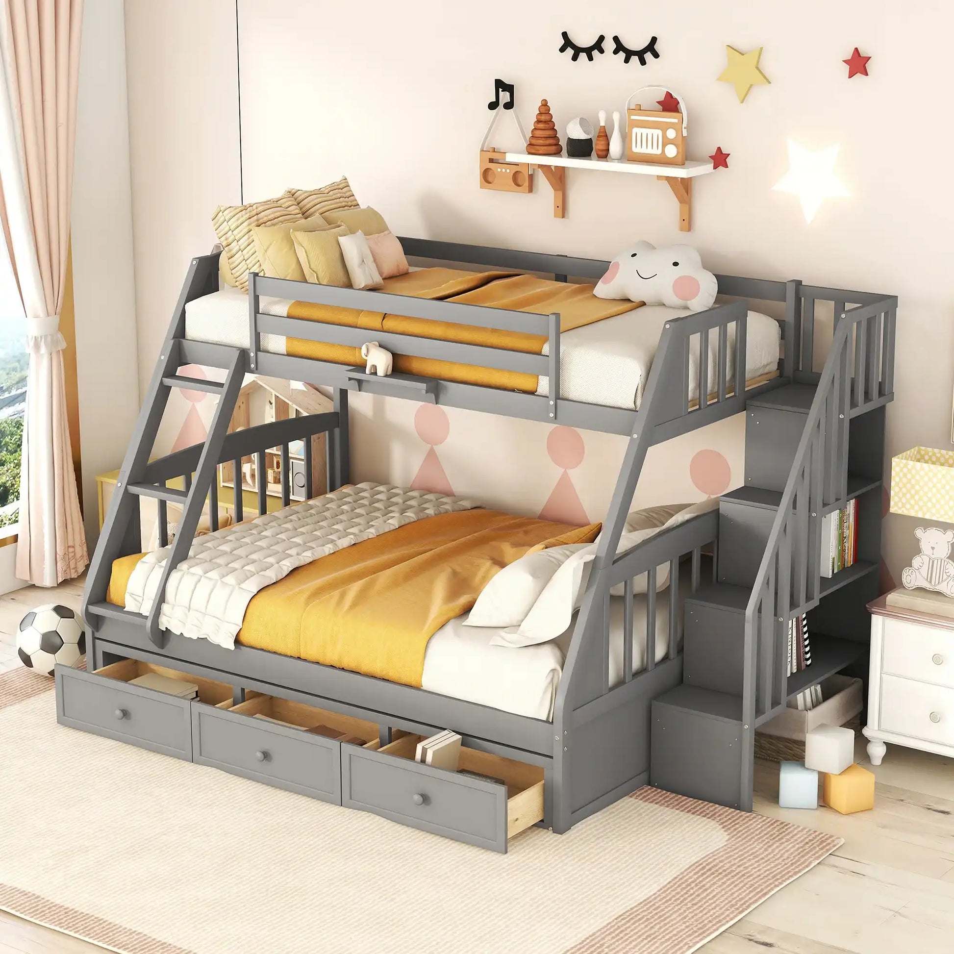 Twin-Over-Full Bunk Bed with Drawers，Ladder and Storage Staircase, Gray - Best Buy Furniture