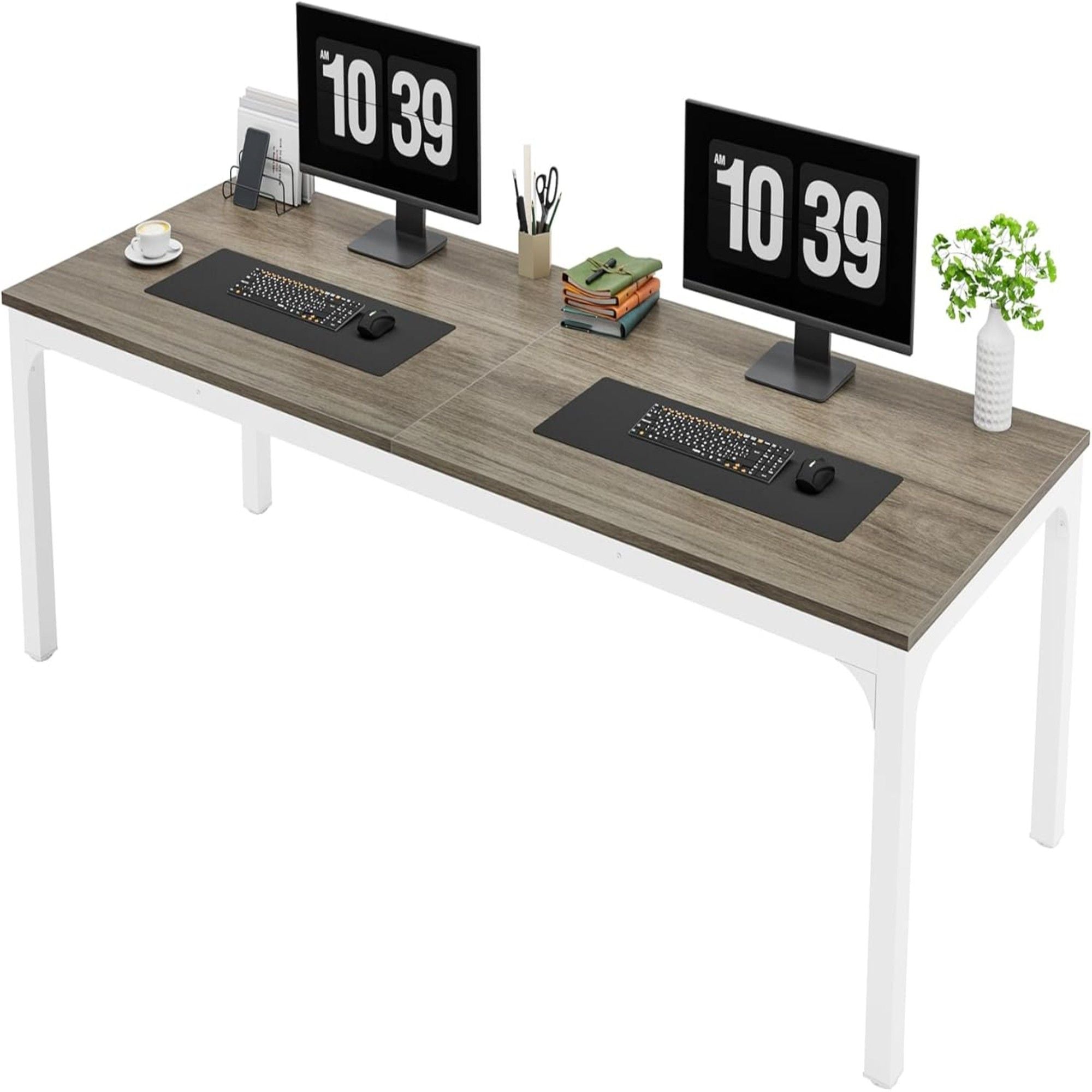 Extra Long 2 Person Computer Desk With, Collaborative Workstation For Home Office - White / Oak