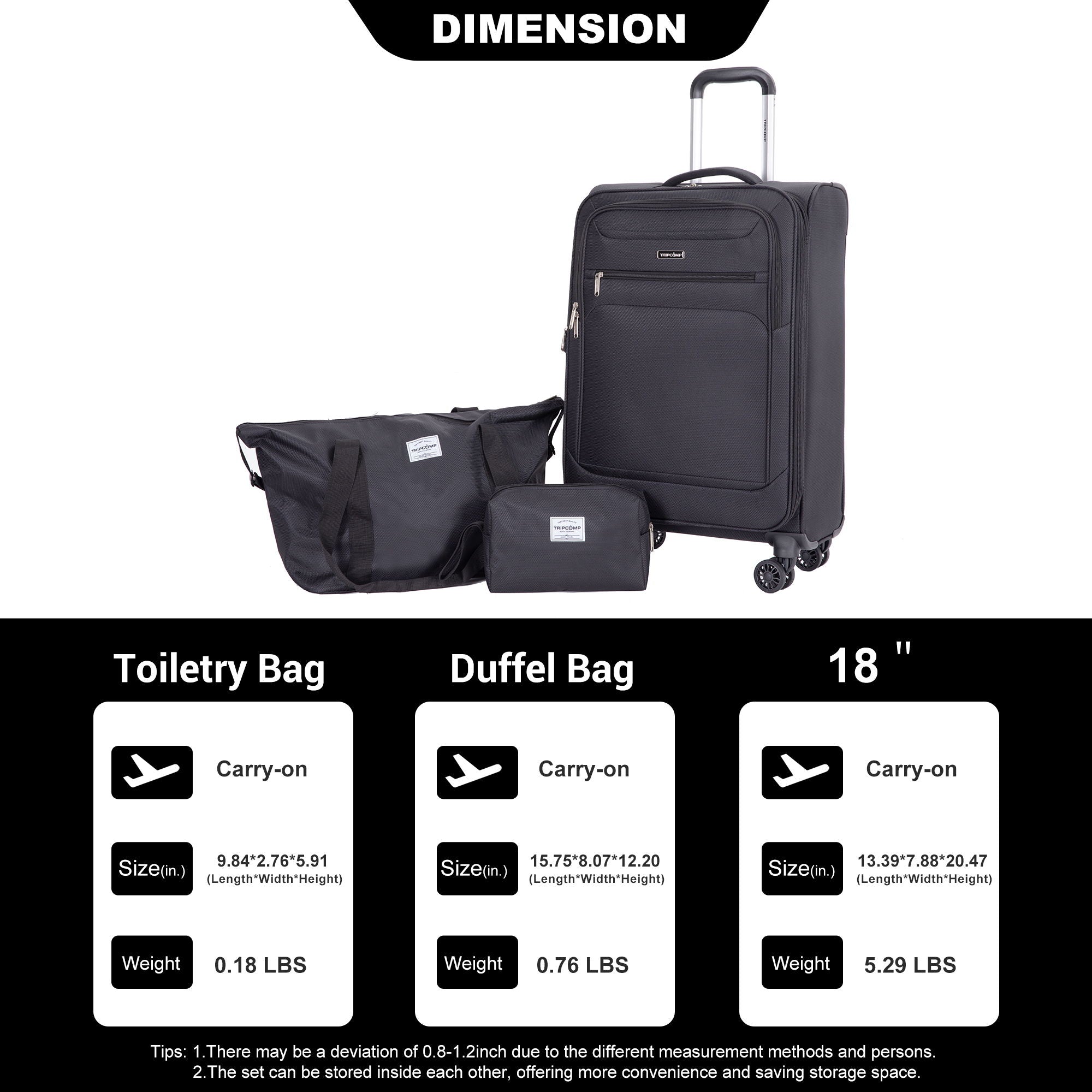 3 Piece Luggage Sets, Softshell Suitcase Spinner Wheels