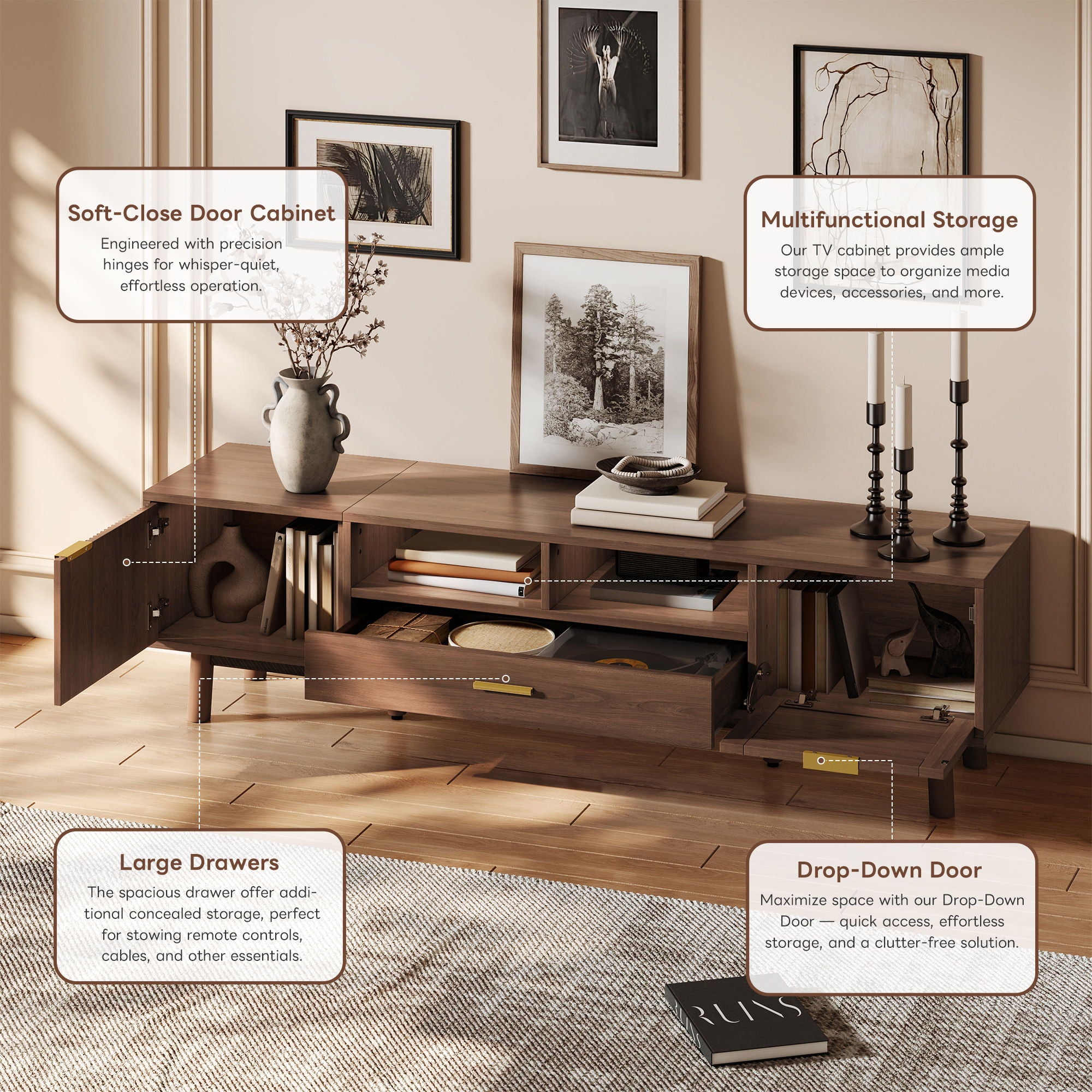 TV Stand For 75" TVs With Soft Closing Doors, Console With Accents And Drop Down Cabinet - Dark Brown