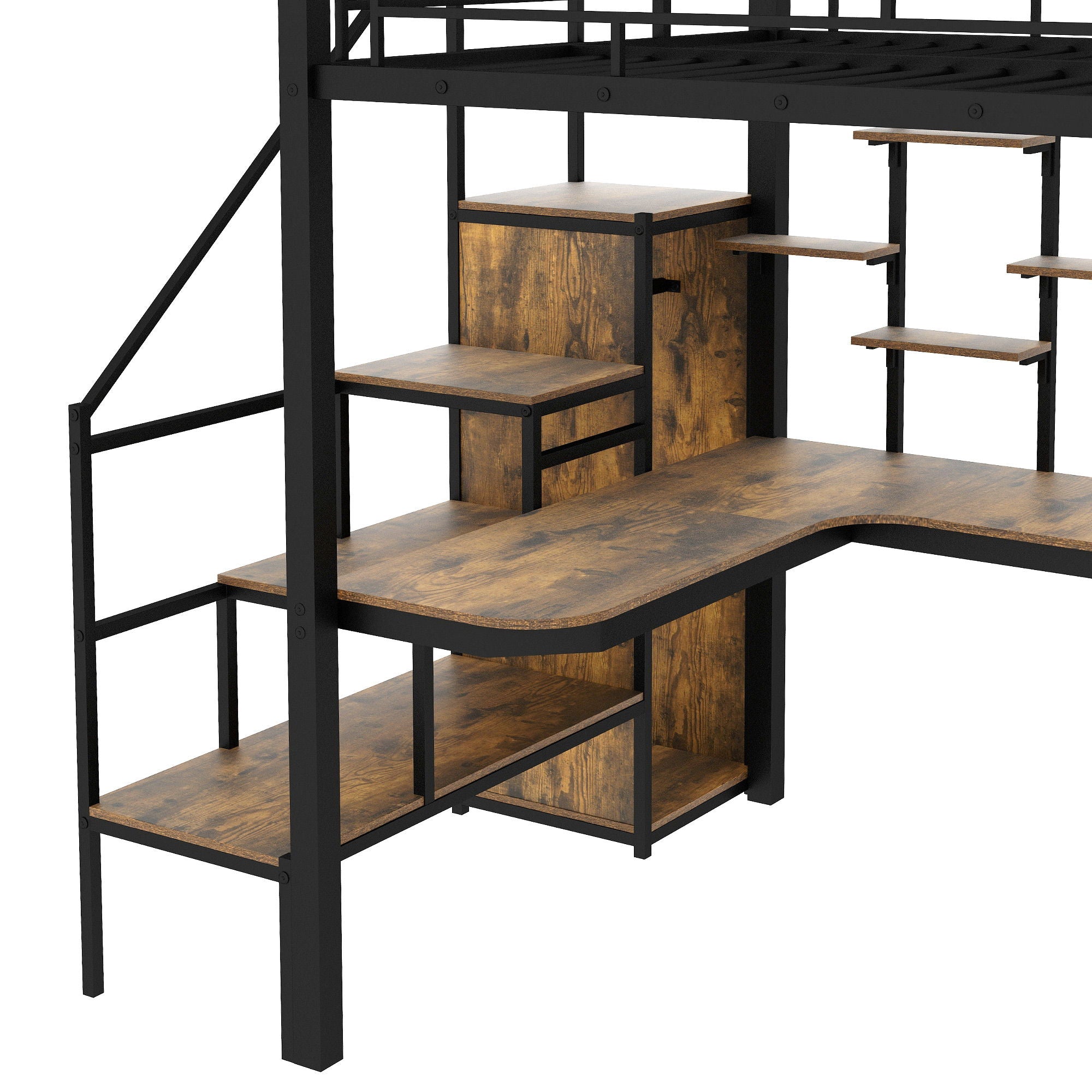 Loft Bed With Storage Staircase And Small Wardrobe, Built - In Desk And Storage Shelves