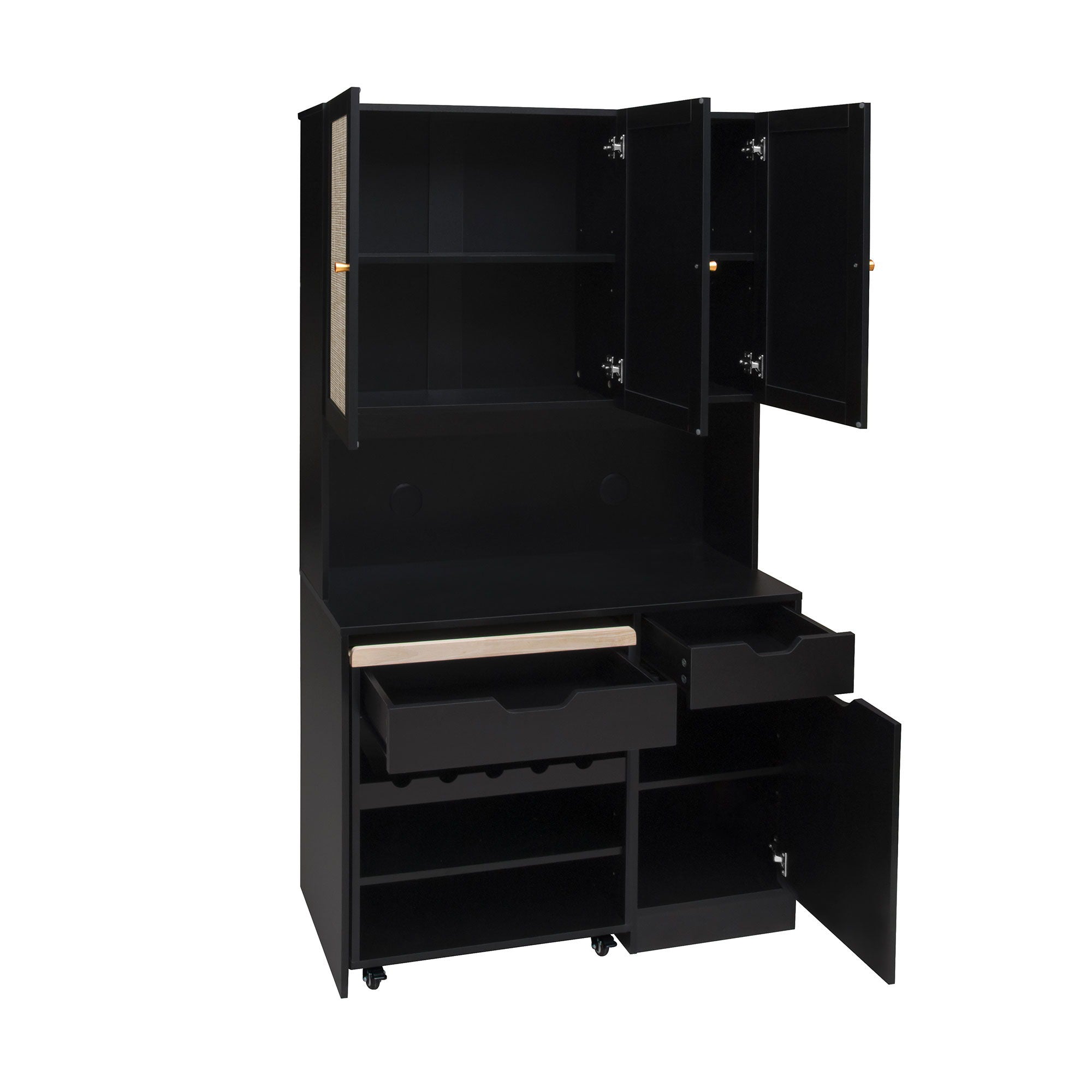 Kitchen Pantry Storage Cabinet, Modern Buffet Cabinet With Kitchen Cart, Tall Kitchen Hutch Cabinet With Microwave Stand, Food Pantry Cabinet With 3 Rattan Doors And Adjustable Shelves - Black - Best Buy Furniture