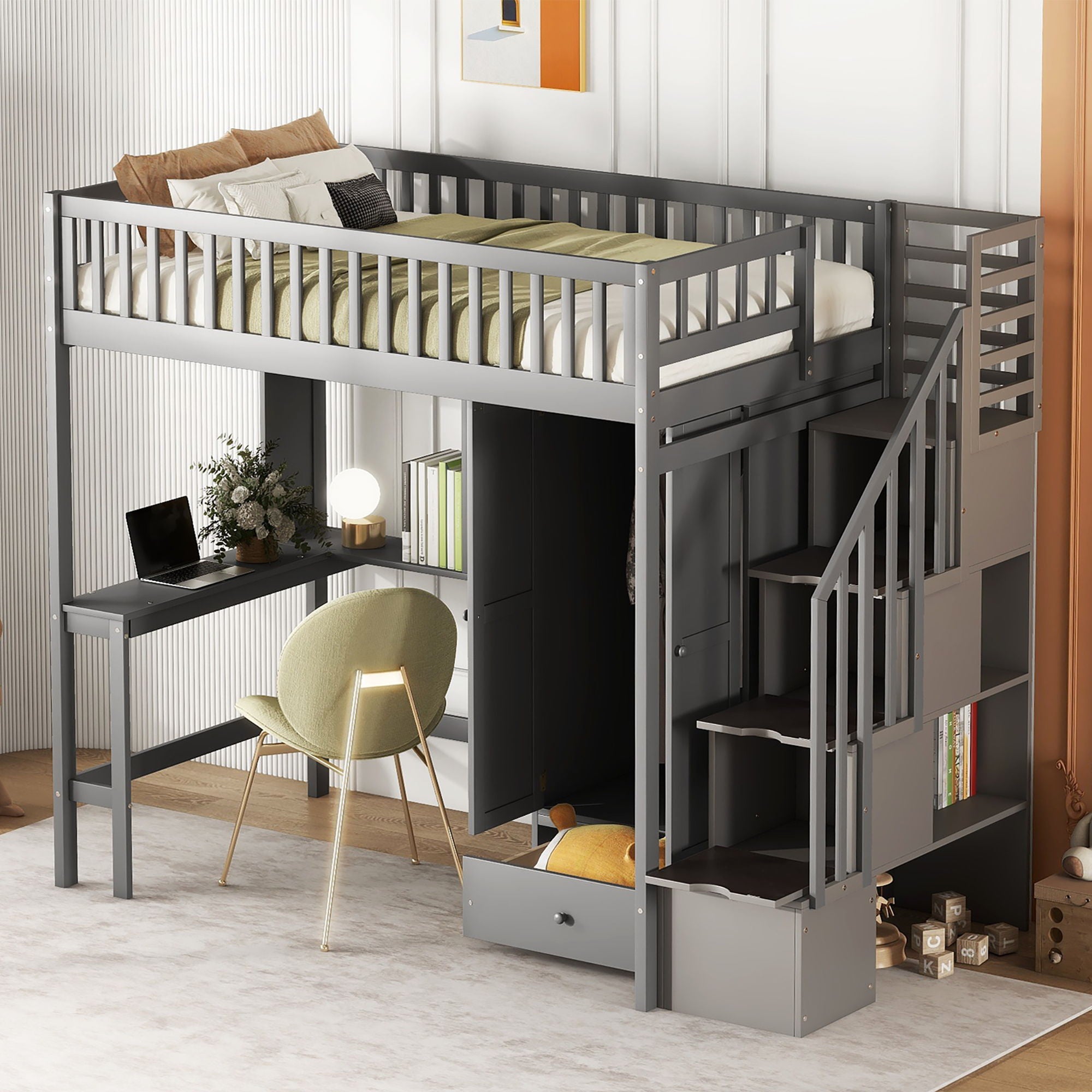 Loft Bed With Bookshelf, Drawers, Desk, And Wardrobe