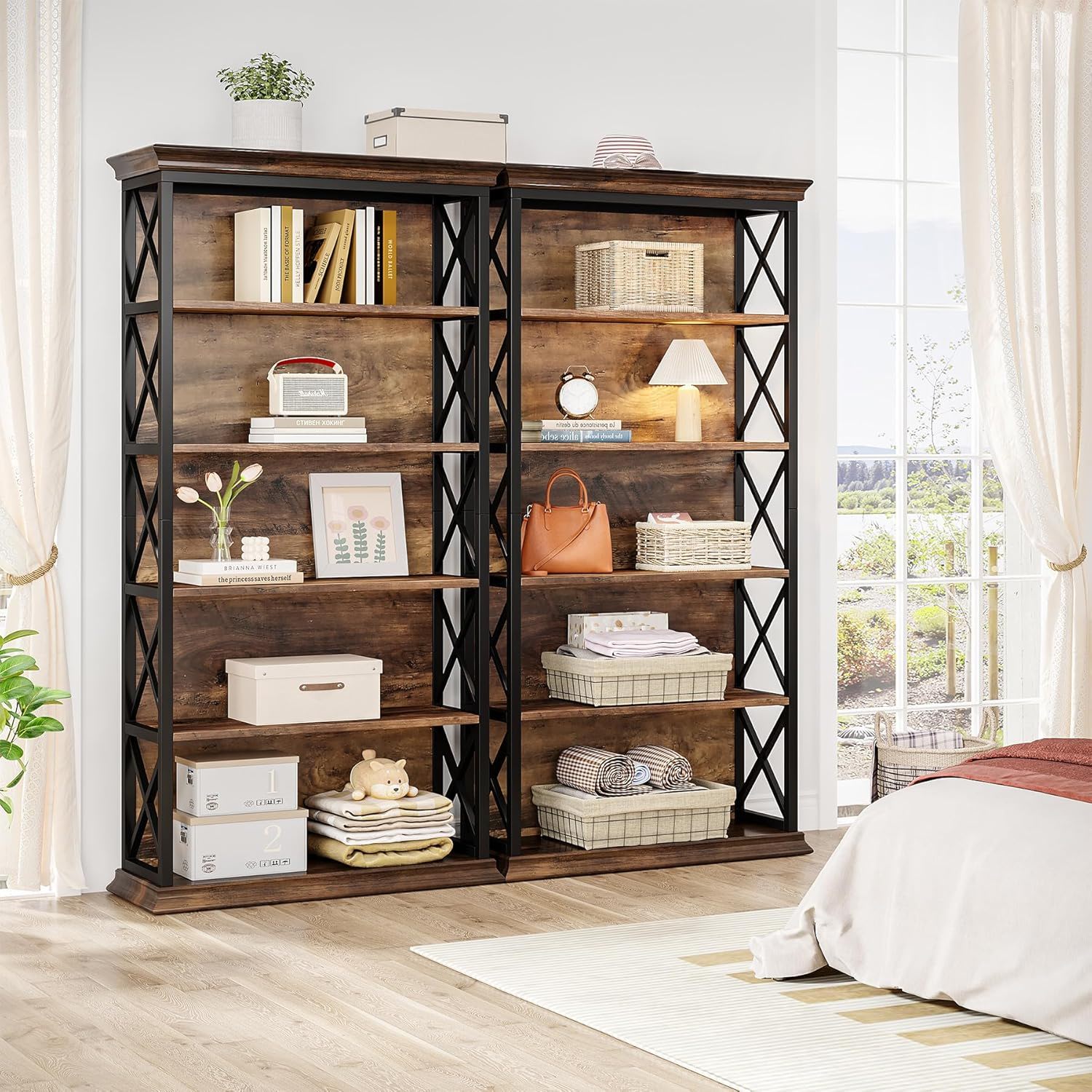 6 Tier Industrial Brown & Bookshelf With X Pattern Design - Rustic Brown