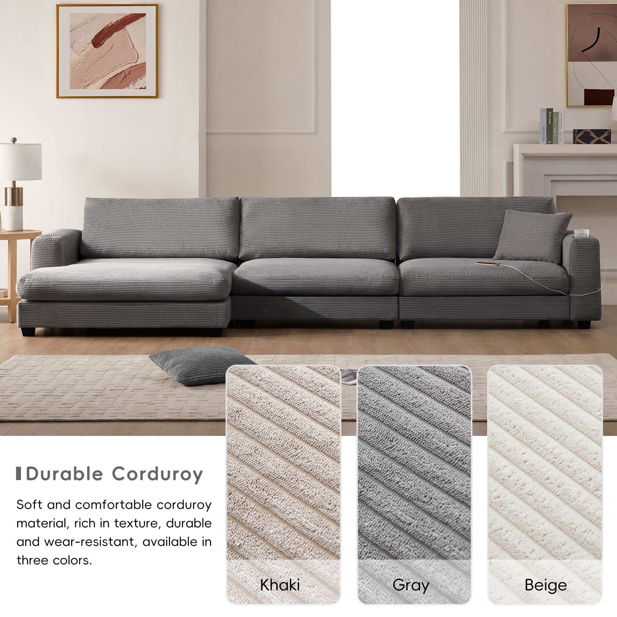 Oversized Sectional L Shaped Cloud Couch With USB Charging Port Cup Holder Deep And Wide Seat Sofa With Chaise Comfy