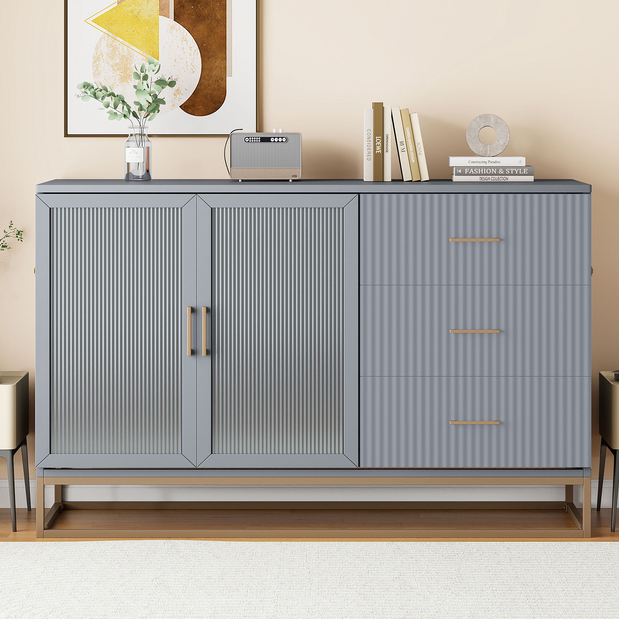 Murphy Bed With Frosted Glass Doors Design, Fake Drawers, Metal Legs