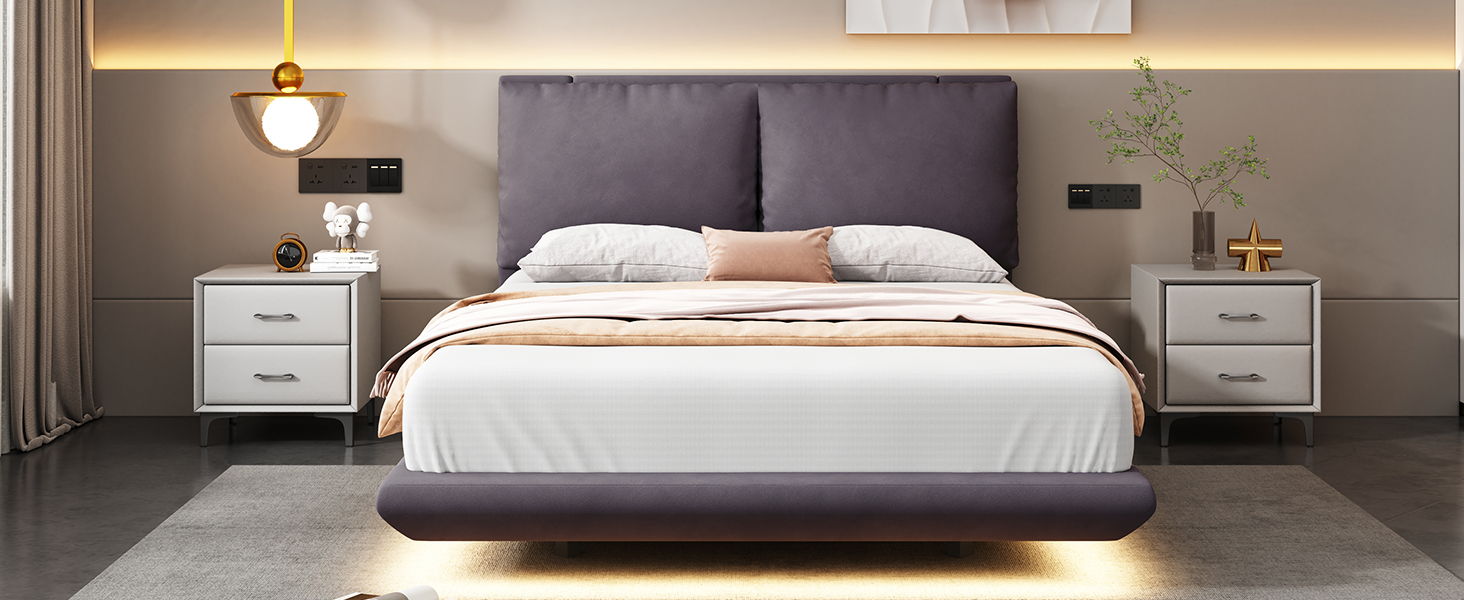 Upholstered Platform Bed With Sensor Light And 2 Large Backrests, With 2 Sets Of USB Port And Socket On Each Rear Bed Leg