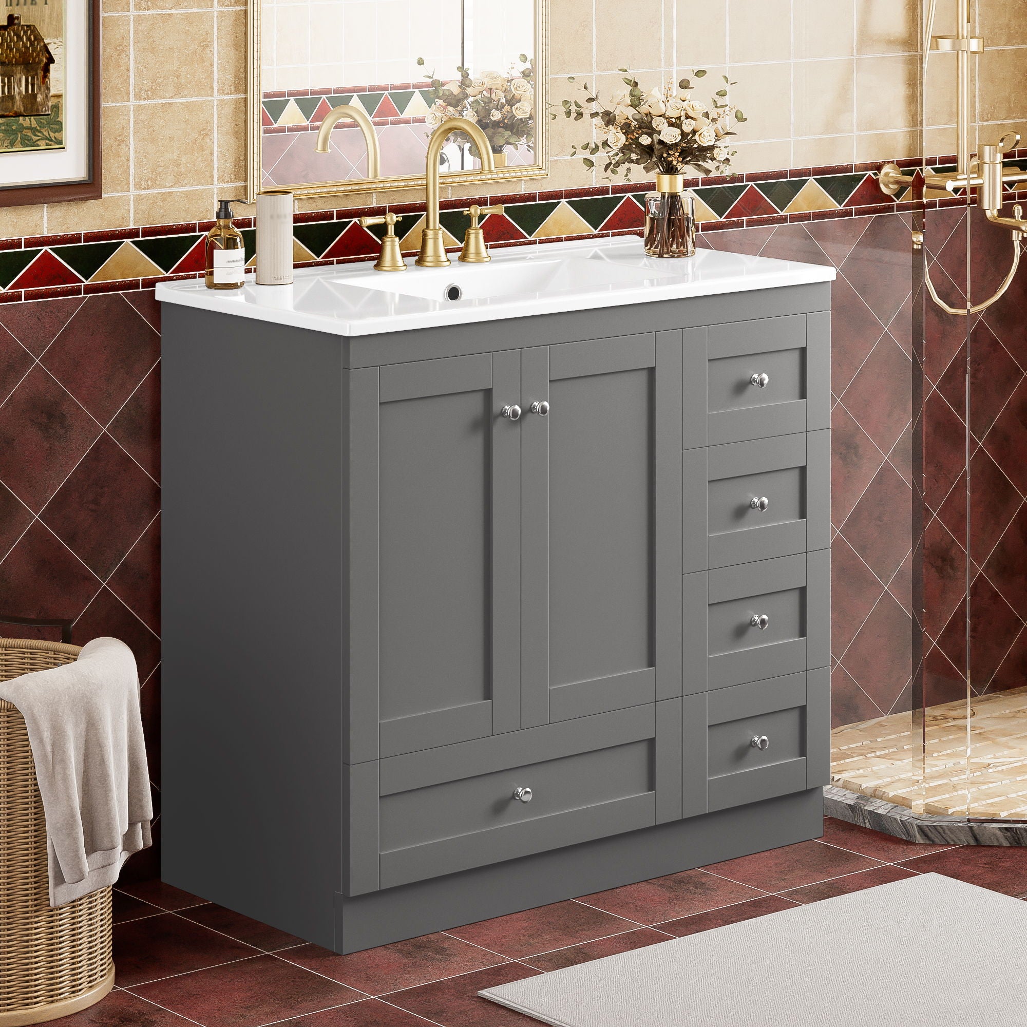 36" Shaker Free Standing Bathroom Vanity Cabinet With Sink, Soft Close Drawers, Soft Close Doors - Gray