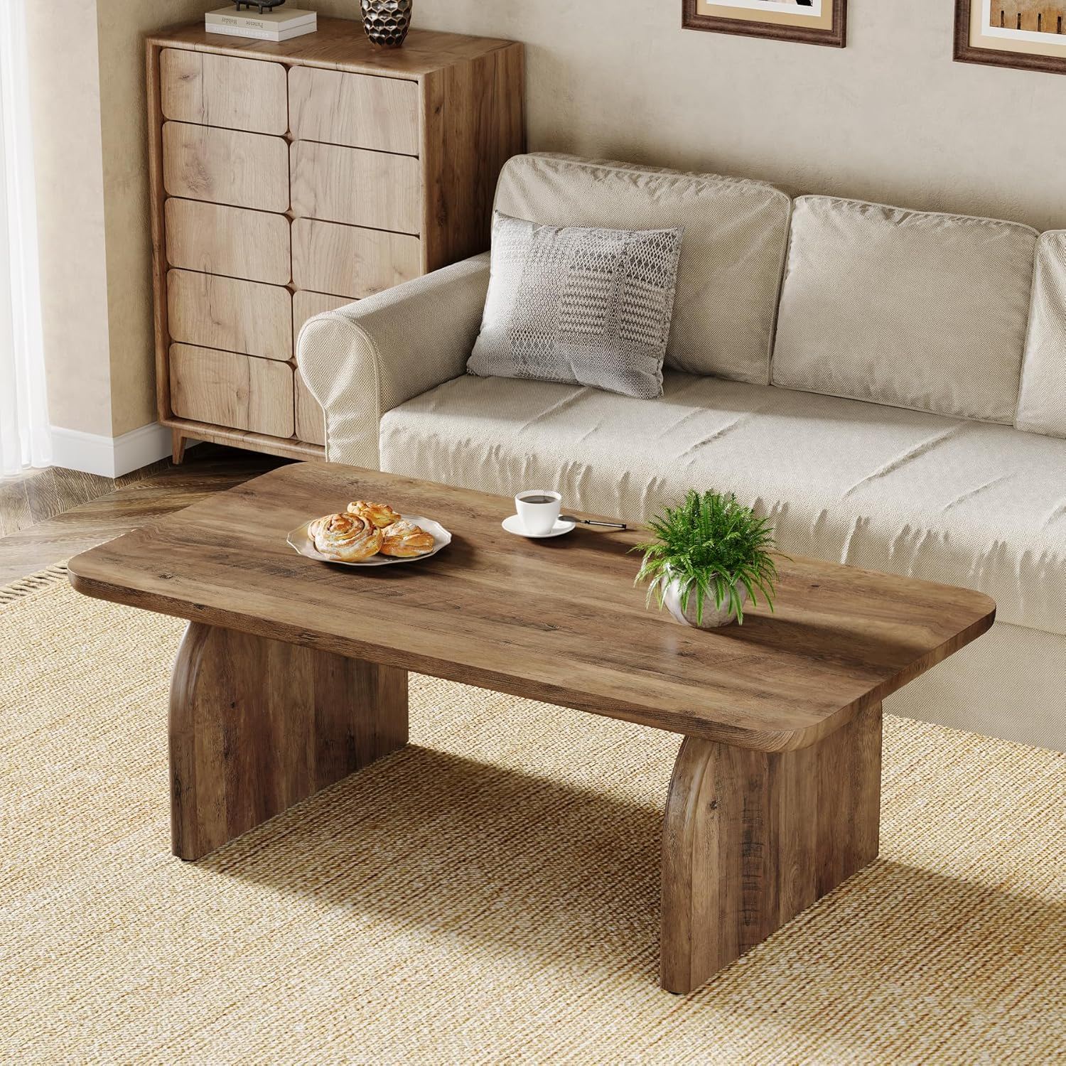 Rectangle Coffee Table With H-Base & Rounded Corners - Brown