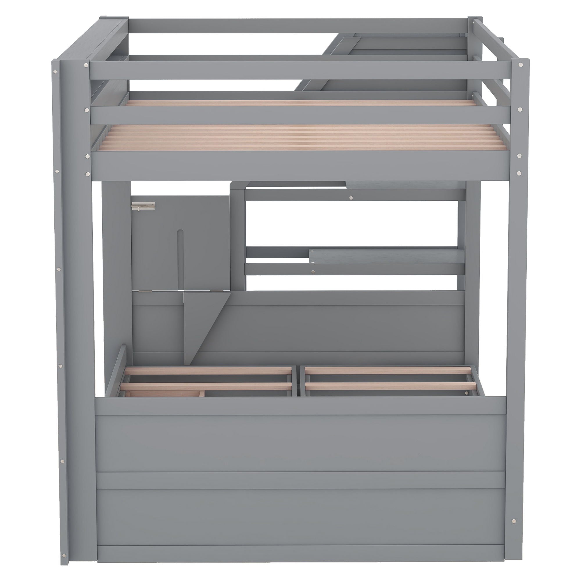 Wood Full Size Convertible Bunk Bed With Storage Staircase, Bedside Table, And 3 Drawers - Gray