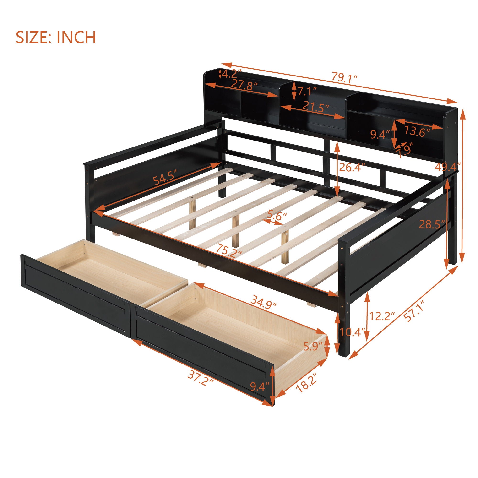 Daybed, Wood Slat Support, With Bedside Shelves And Two Drawers