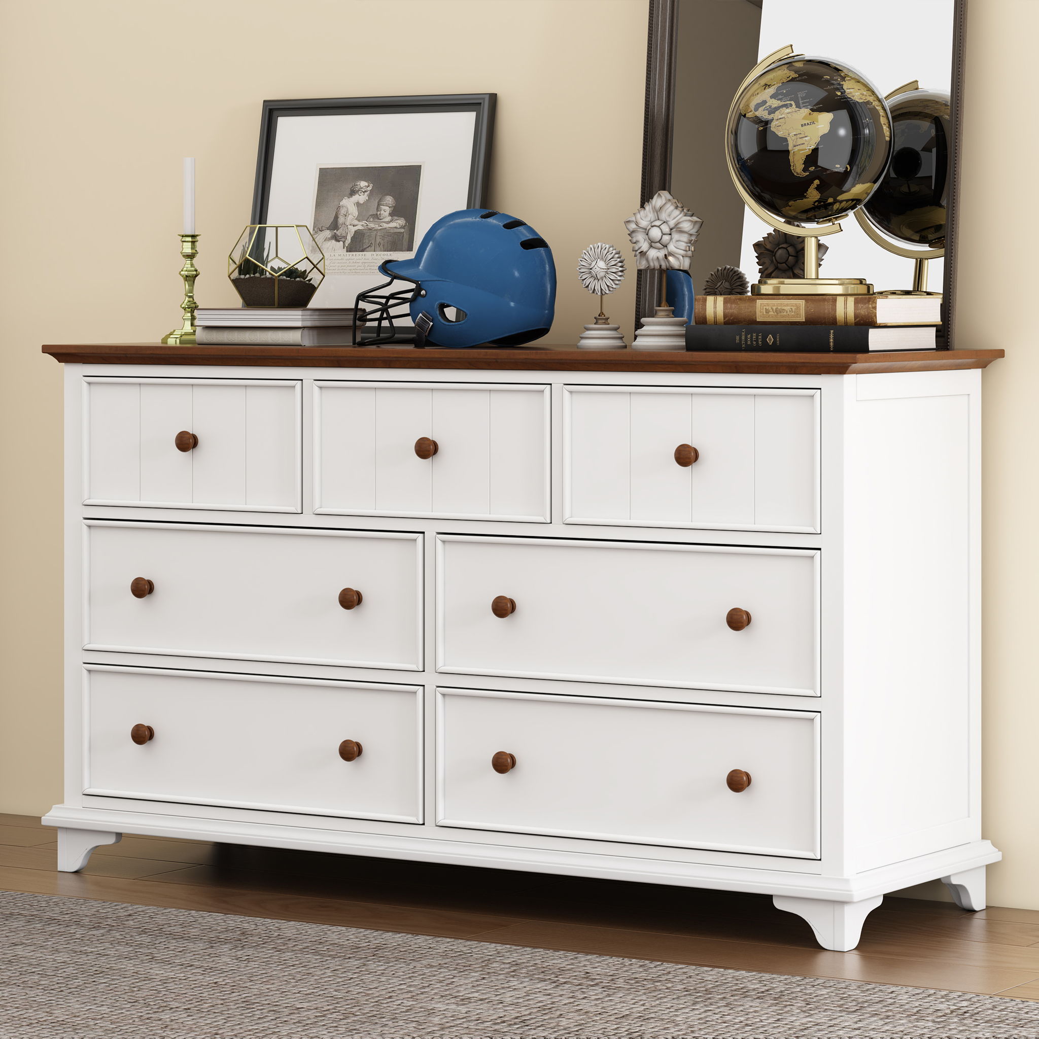 Wooden Captain Seven Drawer Dresser For Bedroom, Living Room, Kids' Room - White / Walnut - Best Buy Furniture