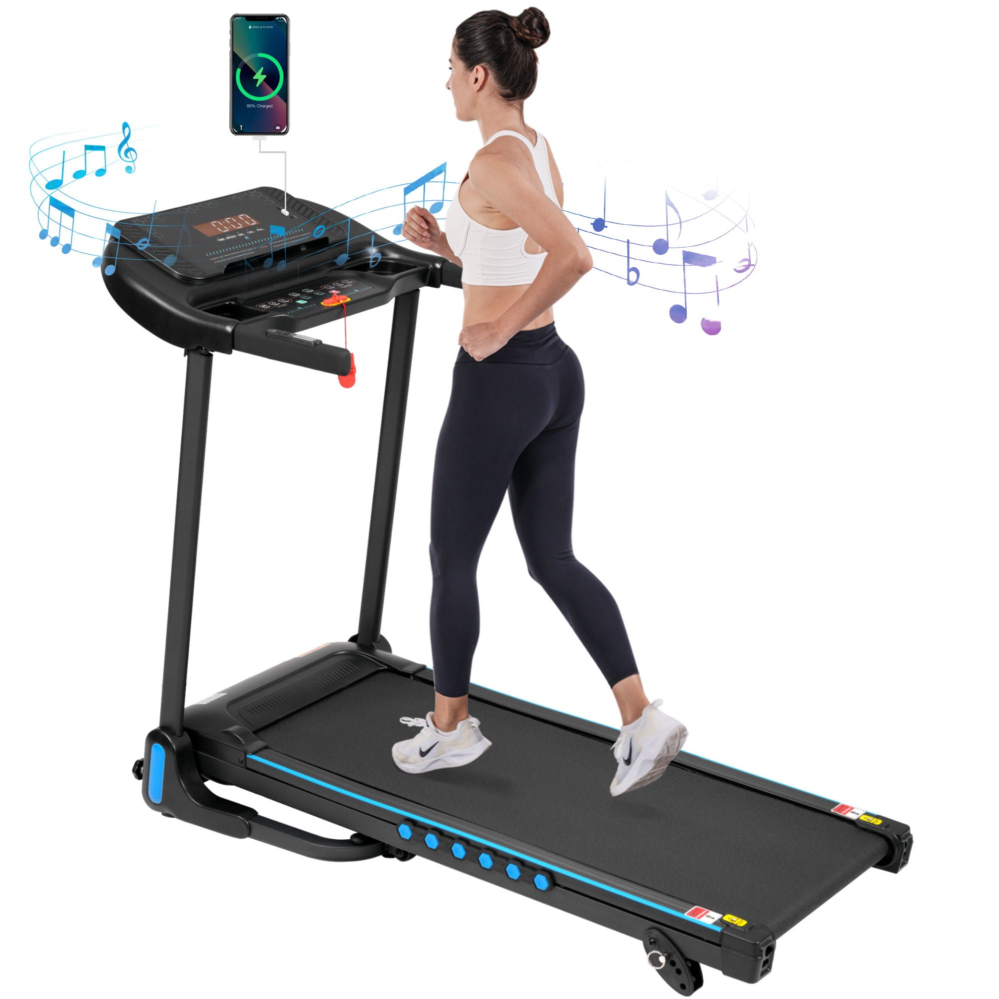 Incline Treadmill For Running & Walking, Hydraulic System Auto Folding With Type C & USB Charge For Android, 10Mph, Bluetooth Speaker - Black