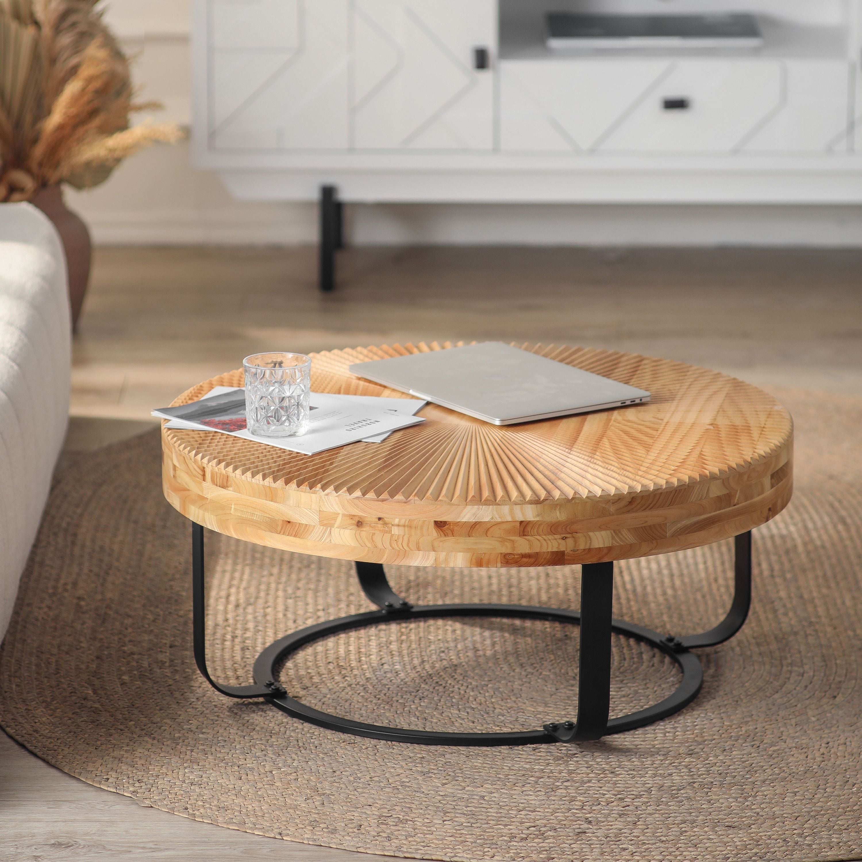 Modern Round Coffee Table with Wooden Carving Pattern and Metal Legs
