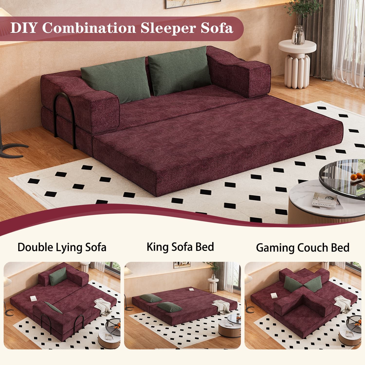 Convertible Couch Bed With 2 Pillows, 3 Seat Folding Floor Couch & King Size Bed Mattress, Diy Combination - Burgundy