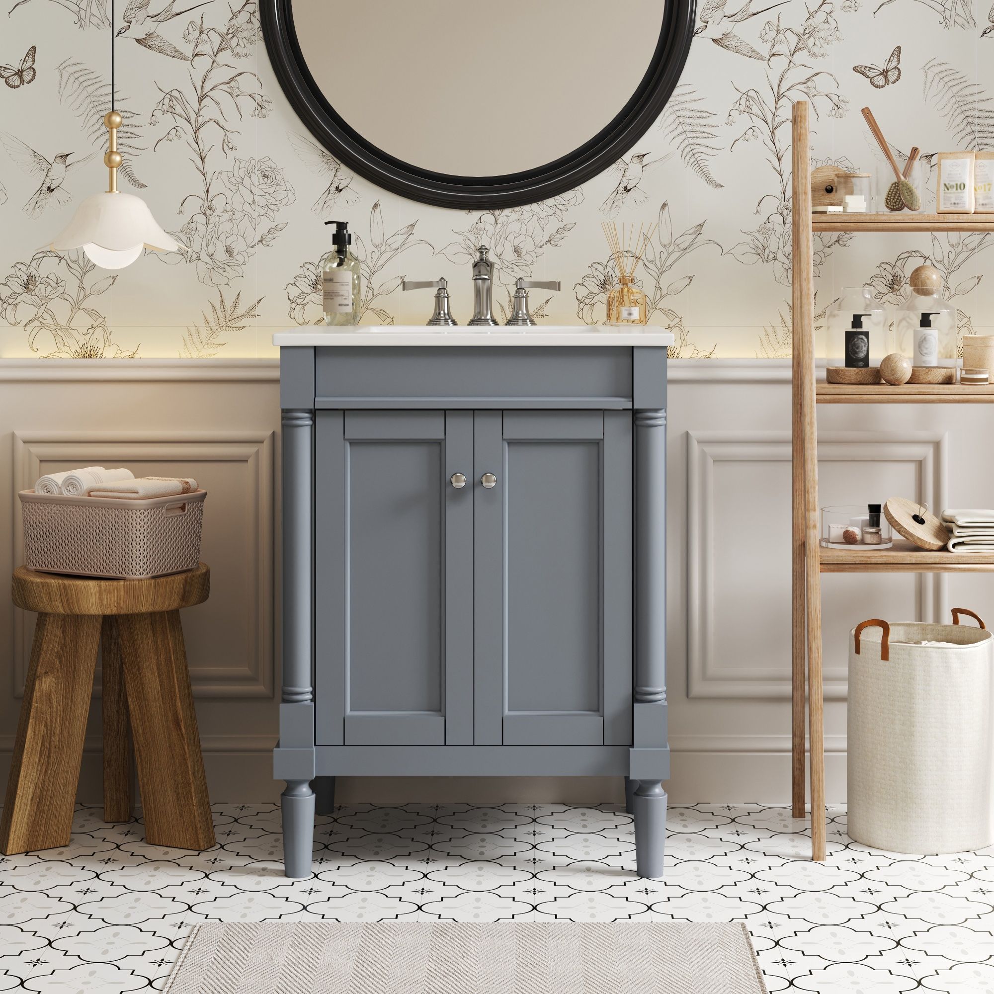 24" Bathroom Vanity With Top Sink, 2 Tier Storage Cabinet - Gray