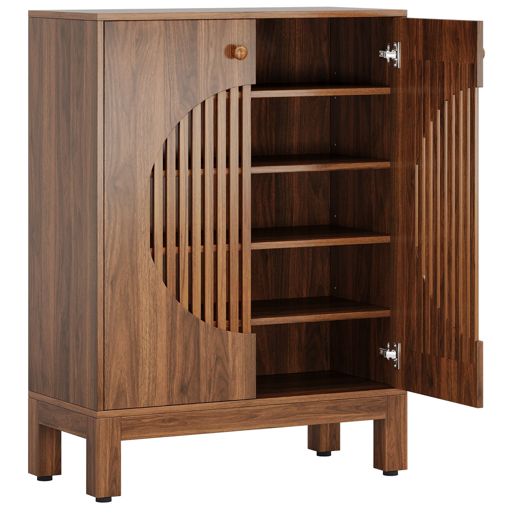 5 Tier Shoe Cabinet With Round Louvered Doors, Storage Organizer - Brown