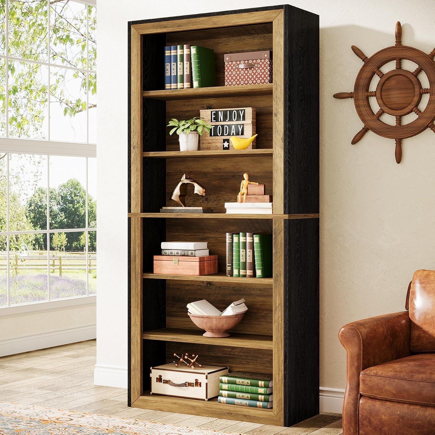 7 Tier Open Bookshelf Storage For Living Room - Black / Brown