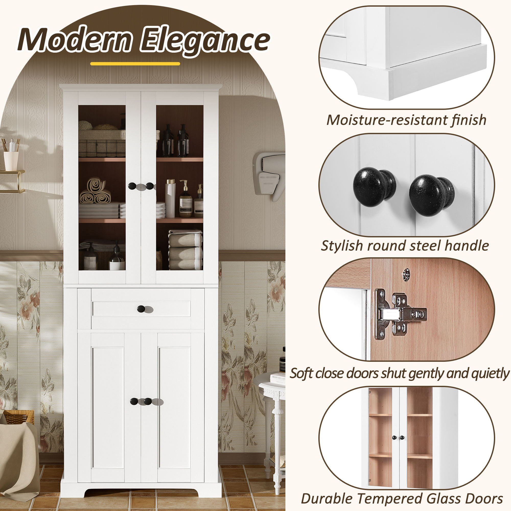 Bathroom Storage Cabinet, Adjustable Shelves & Drawer, Freestanding Linen Tower