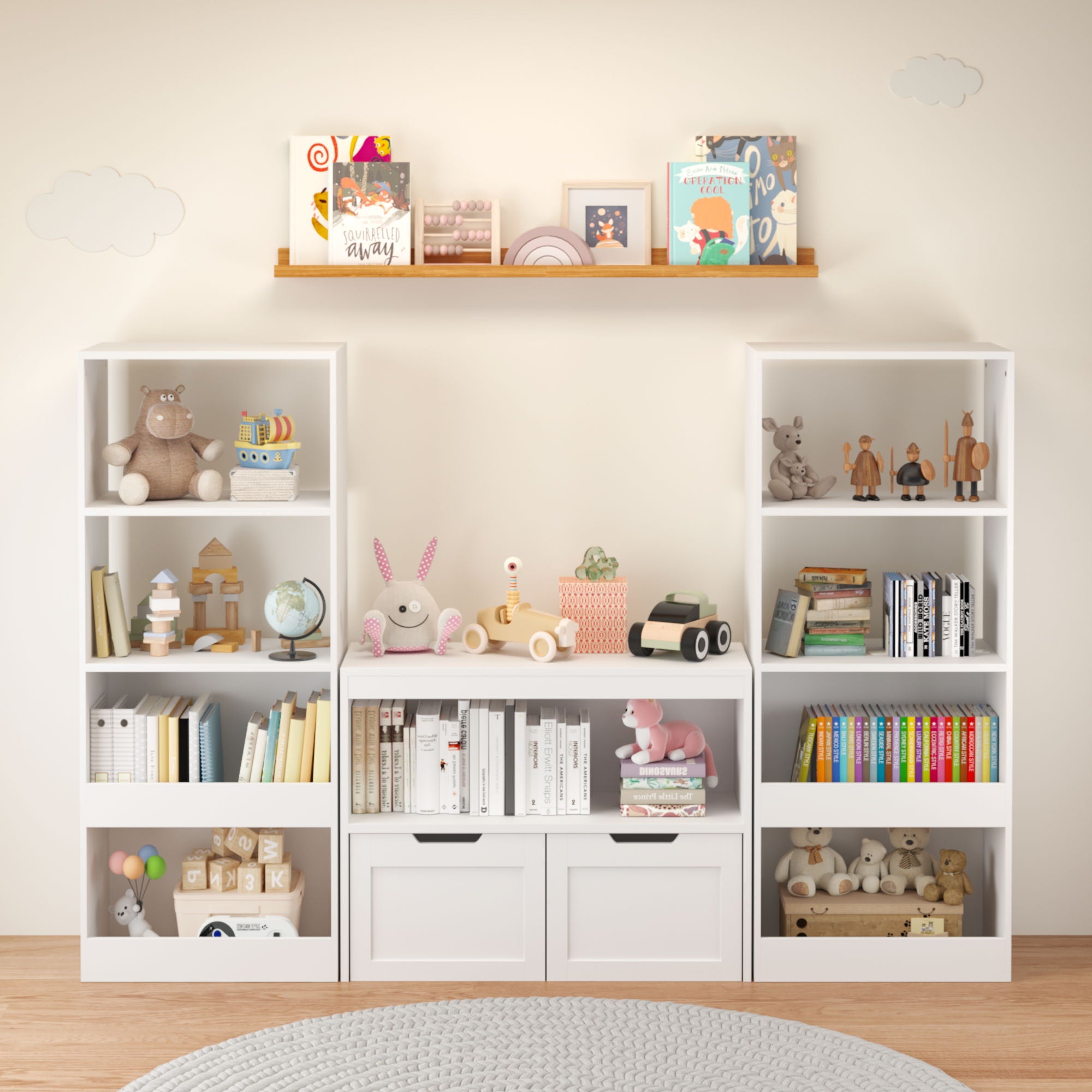 Book Organizer With Large Drawers And Open Shelves, Toy Storage Cabinet With Removable Wheels And Rounded Edges - White