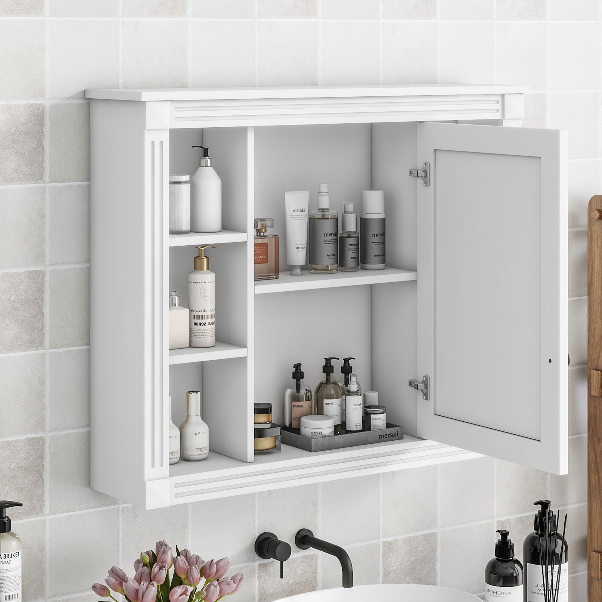 Wall Mounted Bathroom Storage Cabinet With Mirror, 6 Open Shelves