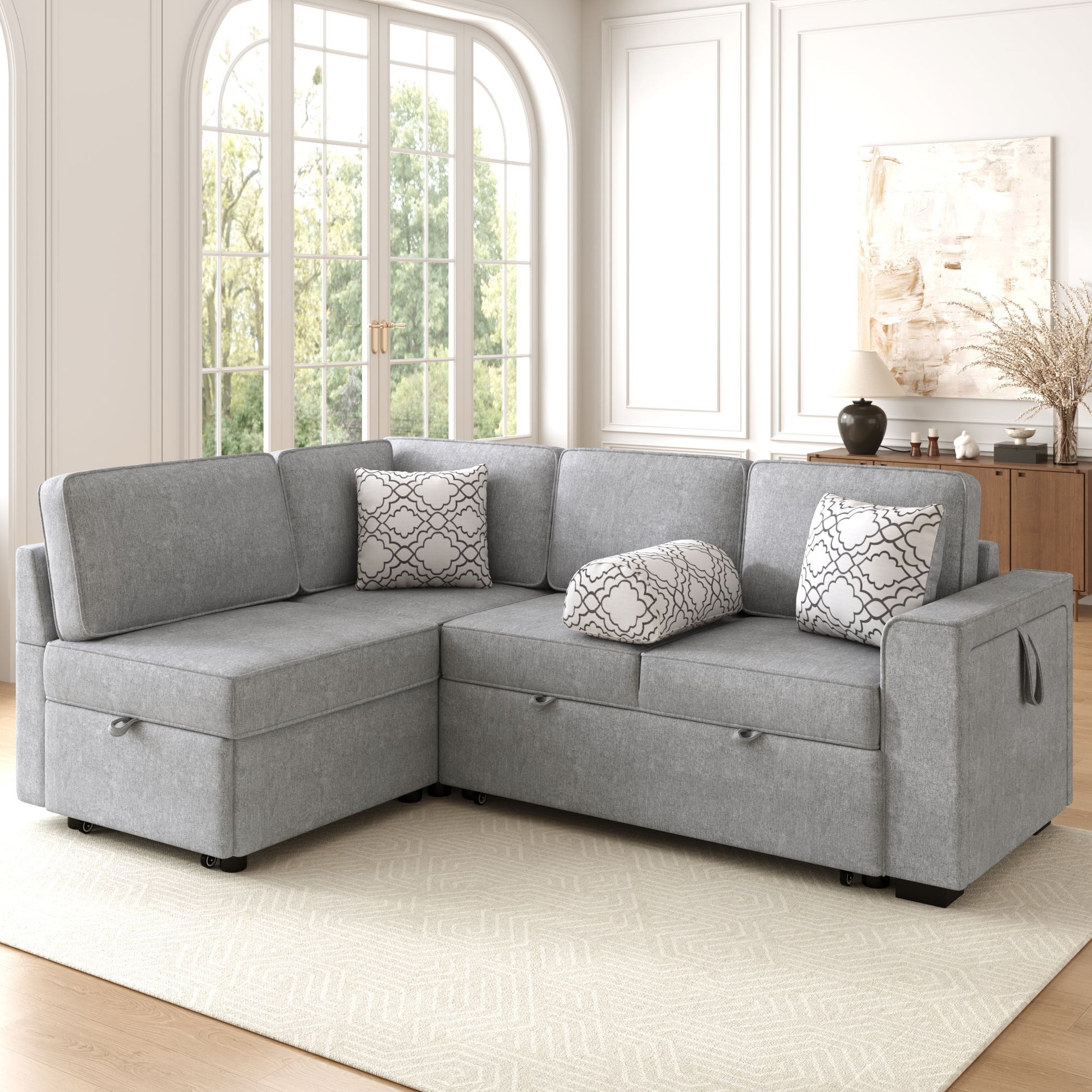 Convertible Sectional L-Shaped Sofa With Dual Pull-Out Sleepers, Flip-Top Table, USB Ports, Cup Holder & Storage - Best Buy Furniture