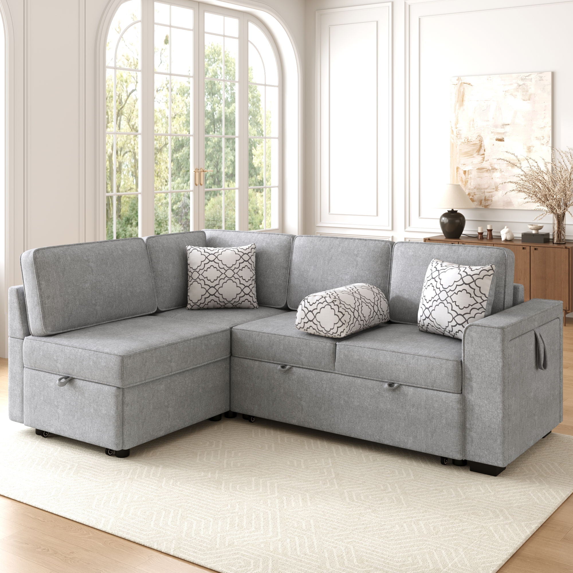 Convertible Sectional L-Shaped Sofa With Dual Pull-Out Sleepers, Flip-Top Table, USB Ports, Cup Holder & Storage - Best Buy Furniture