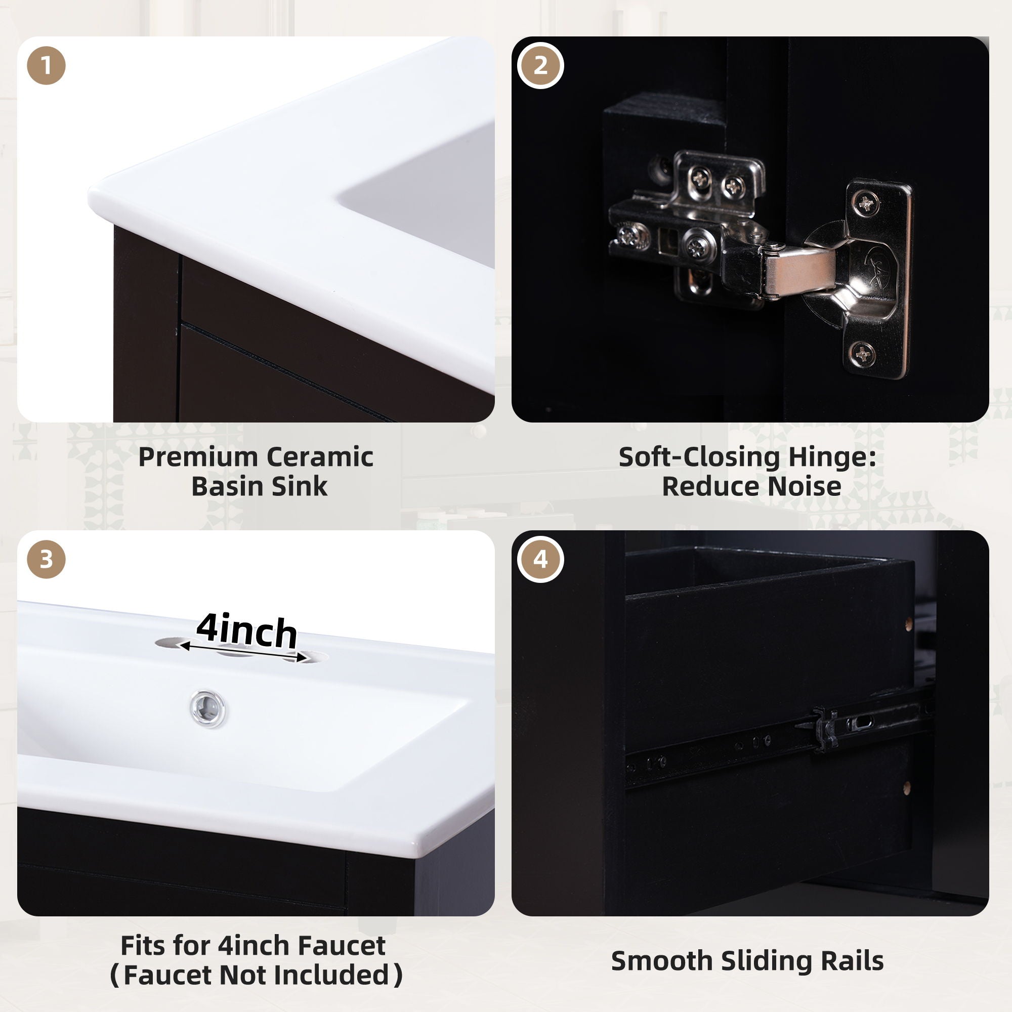 Bathroom Vanity With Basin, Rectangular Cabinet With 2 Drawers And Soft Closing Door