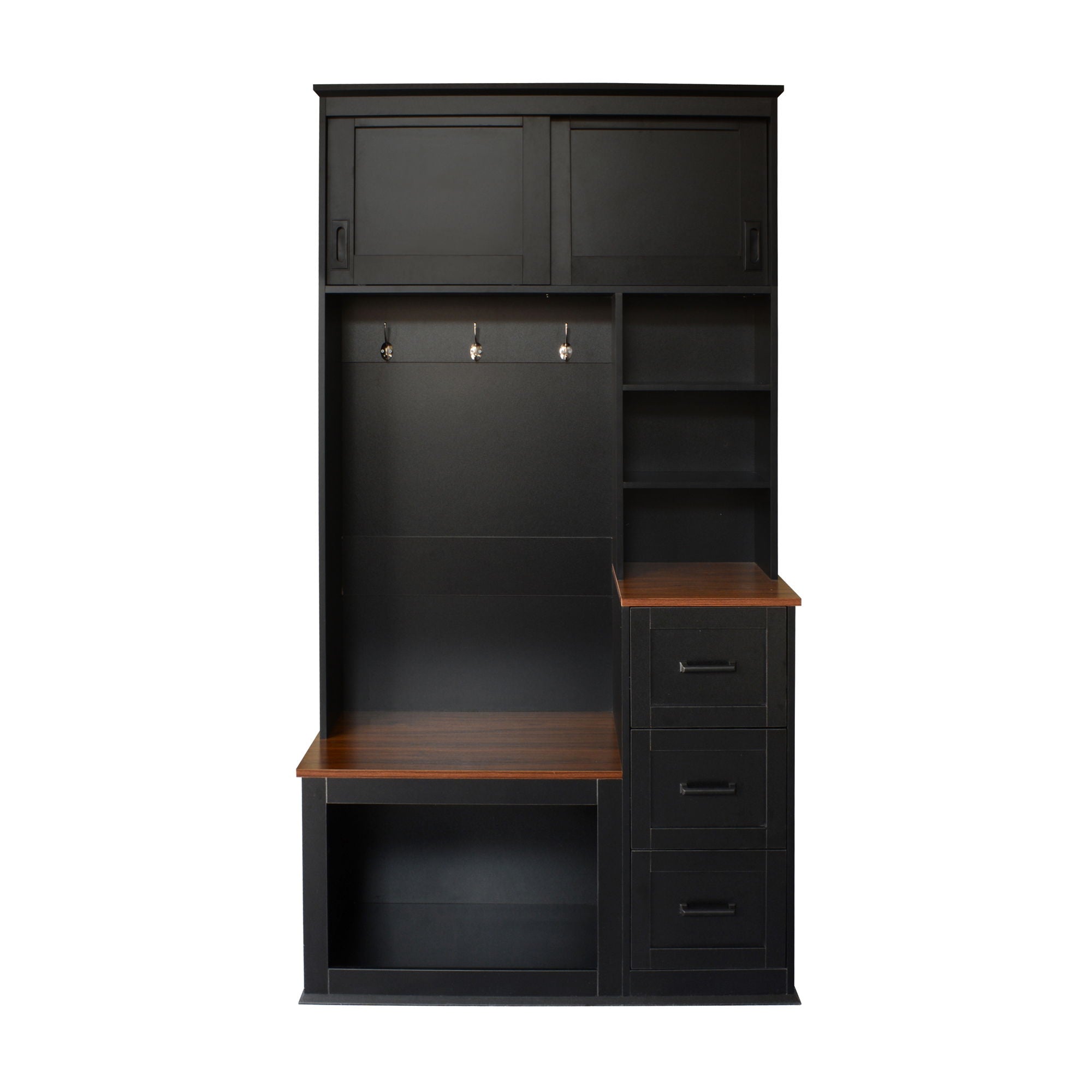 Modern Wide Hall Tree With Coat Rack, 3 Shelves And Drawers, 3 Sturdy Hooks