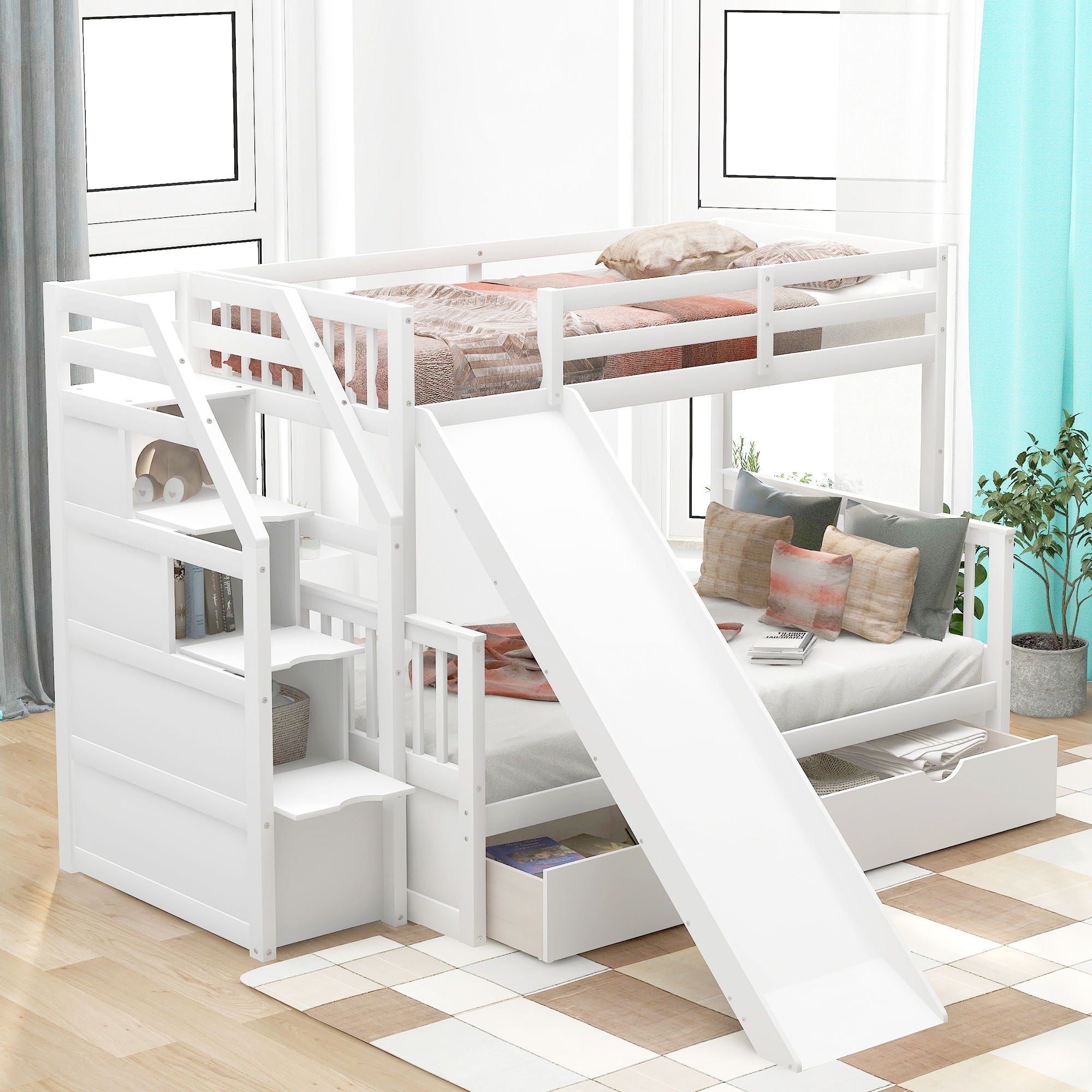 Bunk Bed With Storage Staircase, Slide, Desk, Drawers, And Shelves