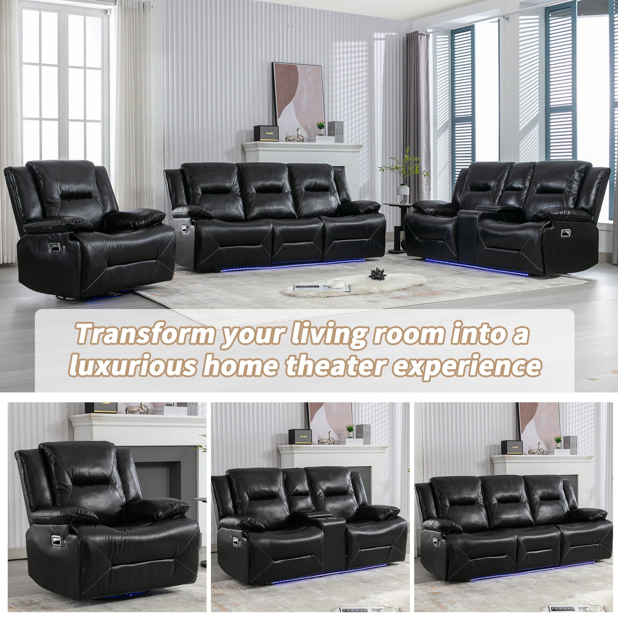 2 Seater Home Theater Recliner Manual Recliner Chair With A LED Light Strip Two Cup Holders And A Storage Box For Living Room