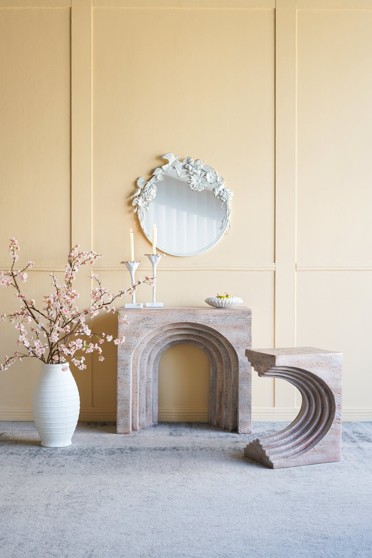 16.3x12.2x22.6 Modern Sculptural Arched Side Table with Faux Travertine Finish