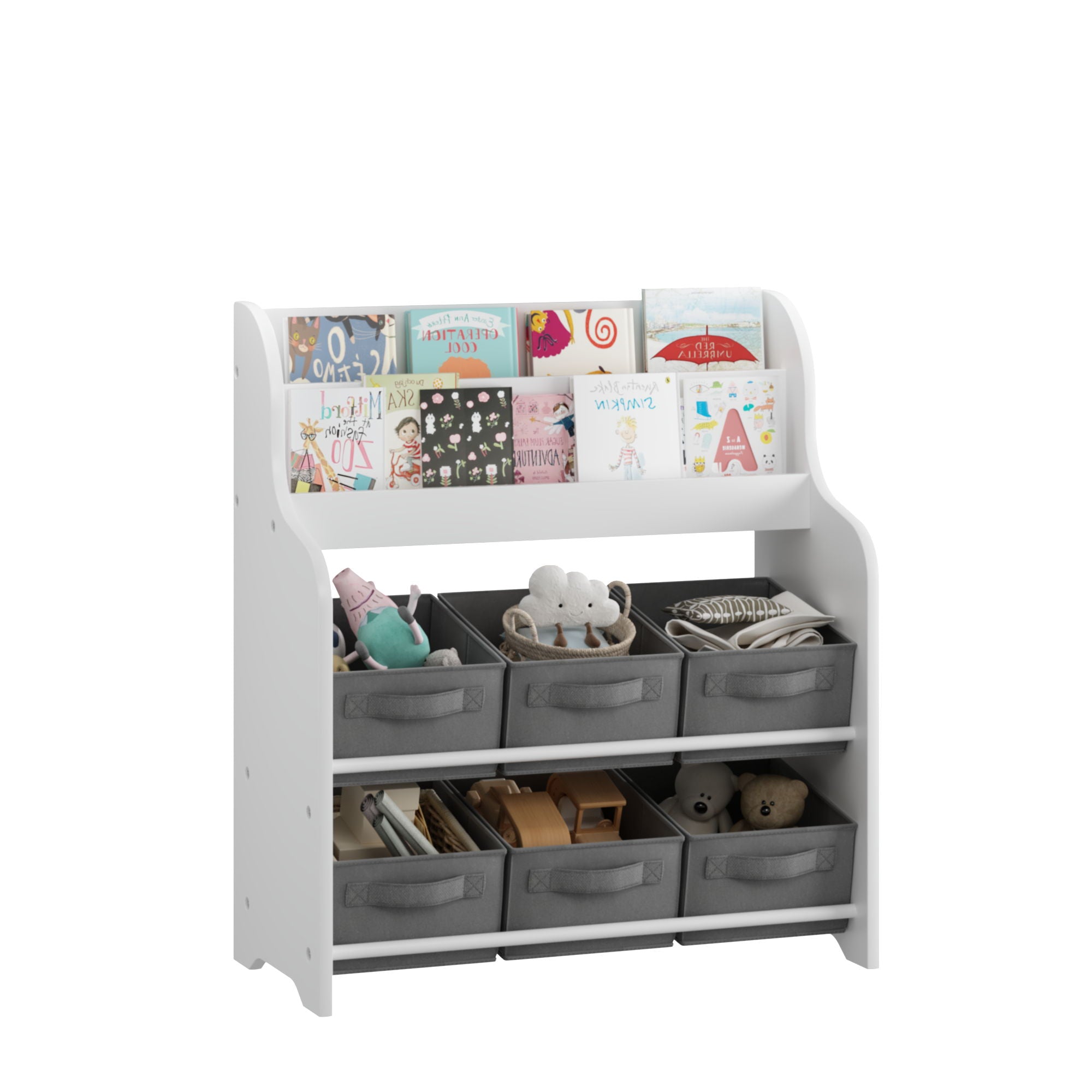 Bookshelf With 6 Storage Bins, Multi Functional Children's Bookcase And Toy Organizer - White