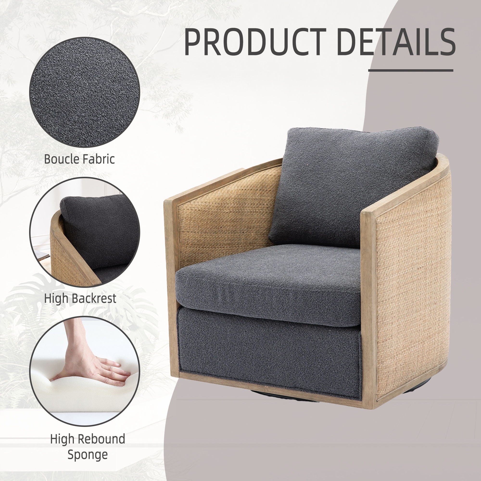 Barrel, Comfy Round Accent Sofa Chair With 360 Degree Swivel, Leisure Arm