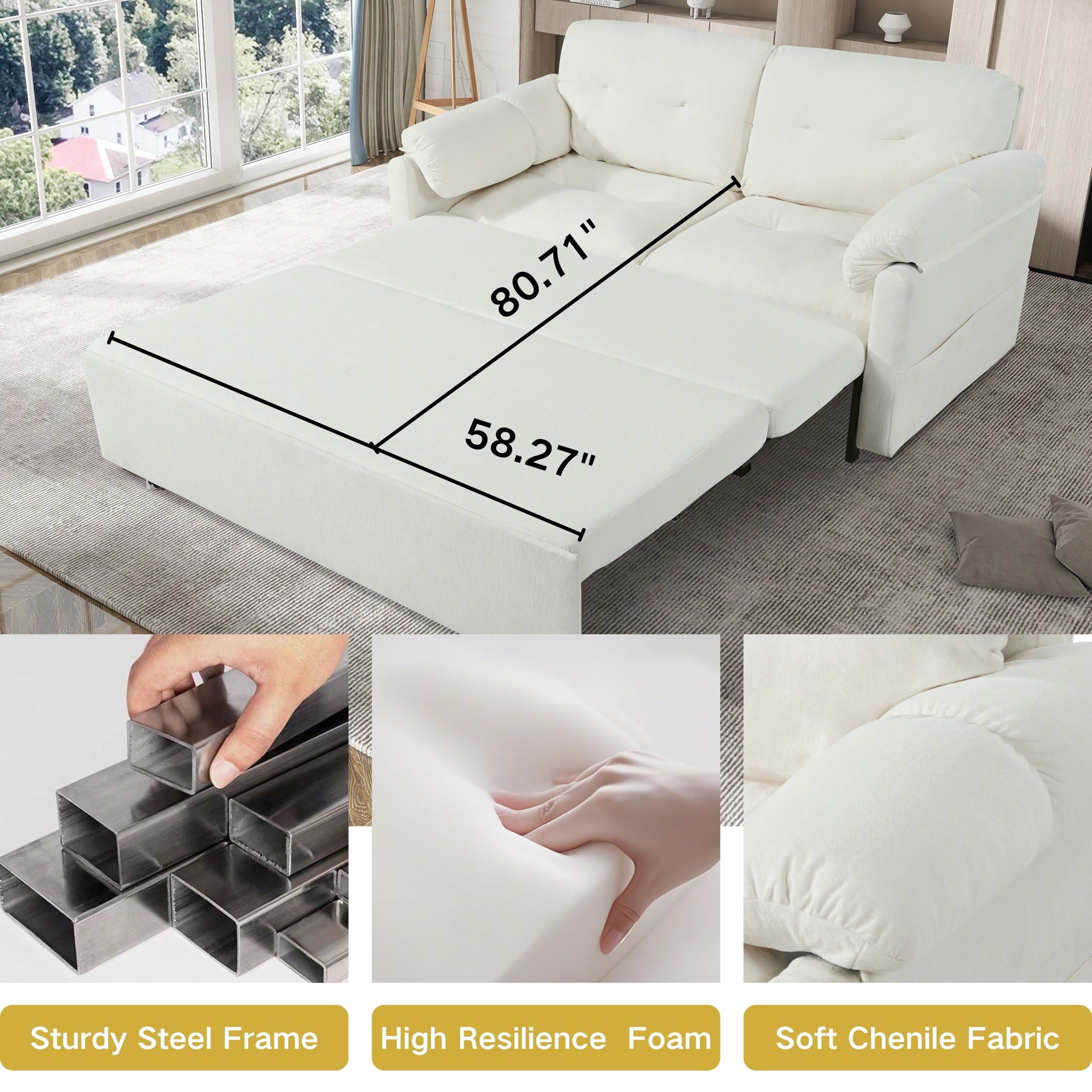 Convertible Pull Out Sofa Bed Queen Size, 3 In 1 With Side Storage